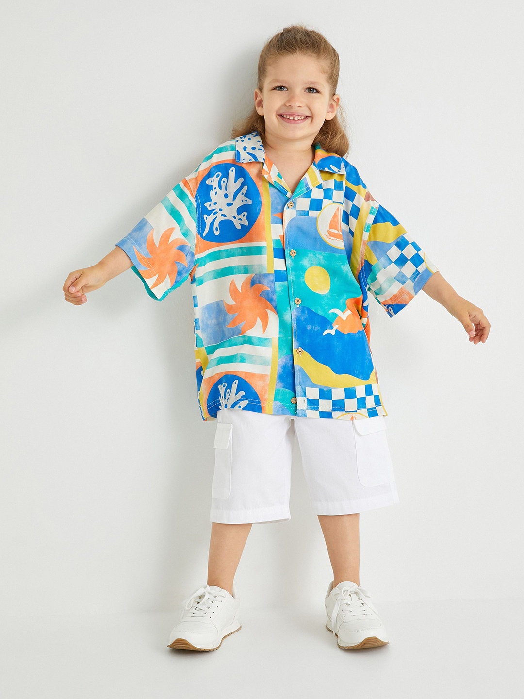 

Koton Boys Cuban Collar Conversational Printed Casual Shirt, Blue