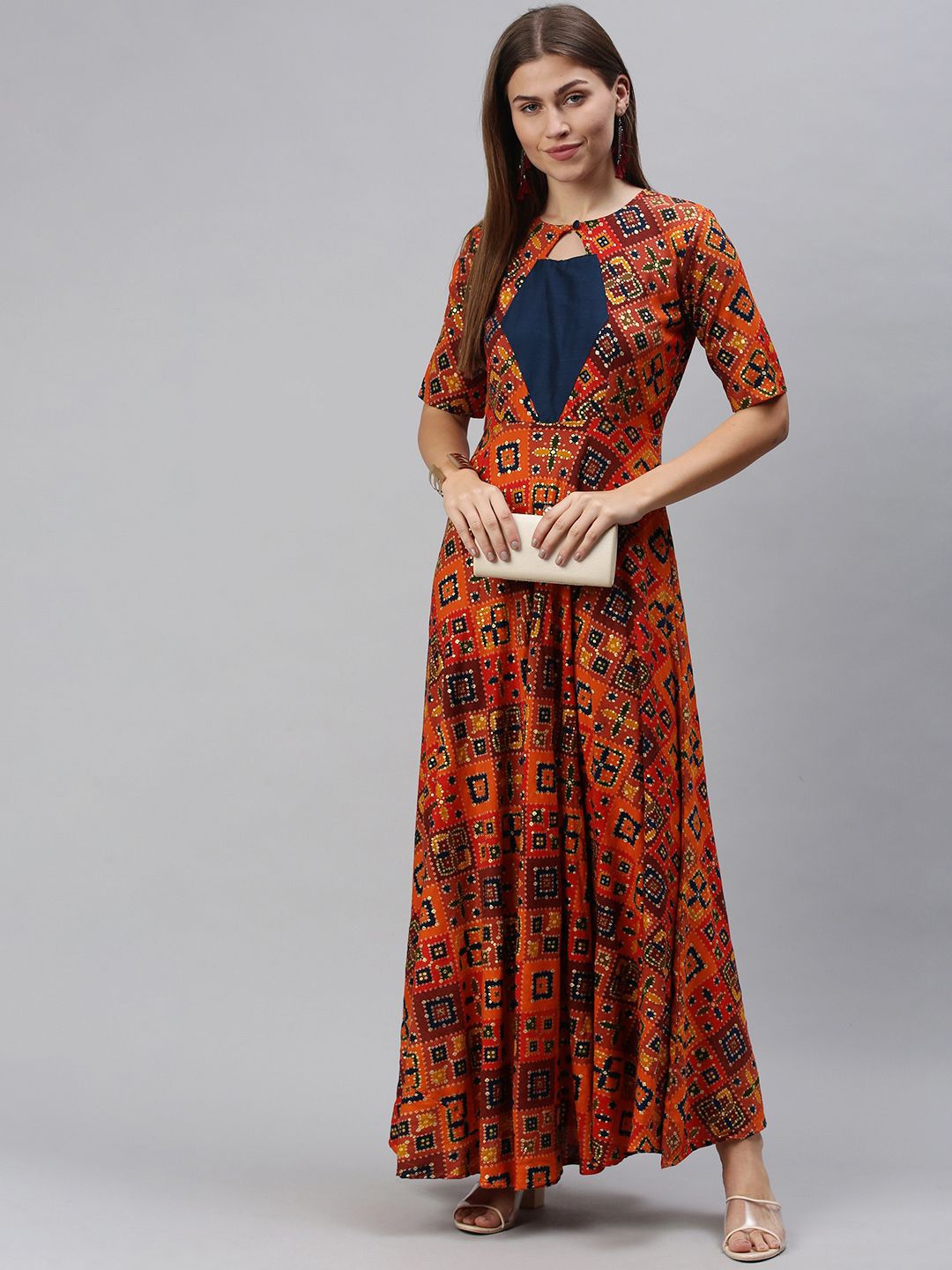 

Swishchick Women Ethnic Motifs Printed Maxi Dress, Orange