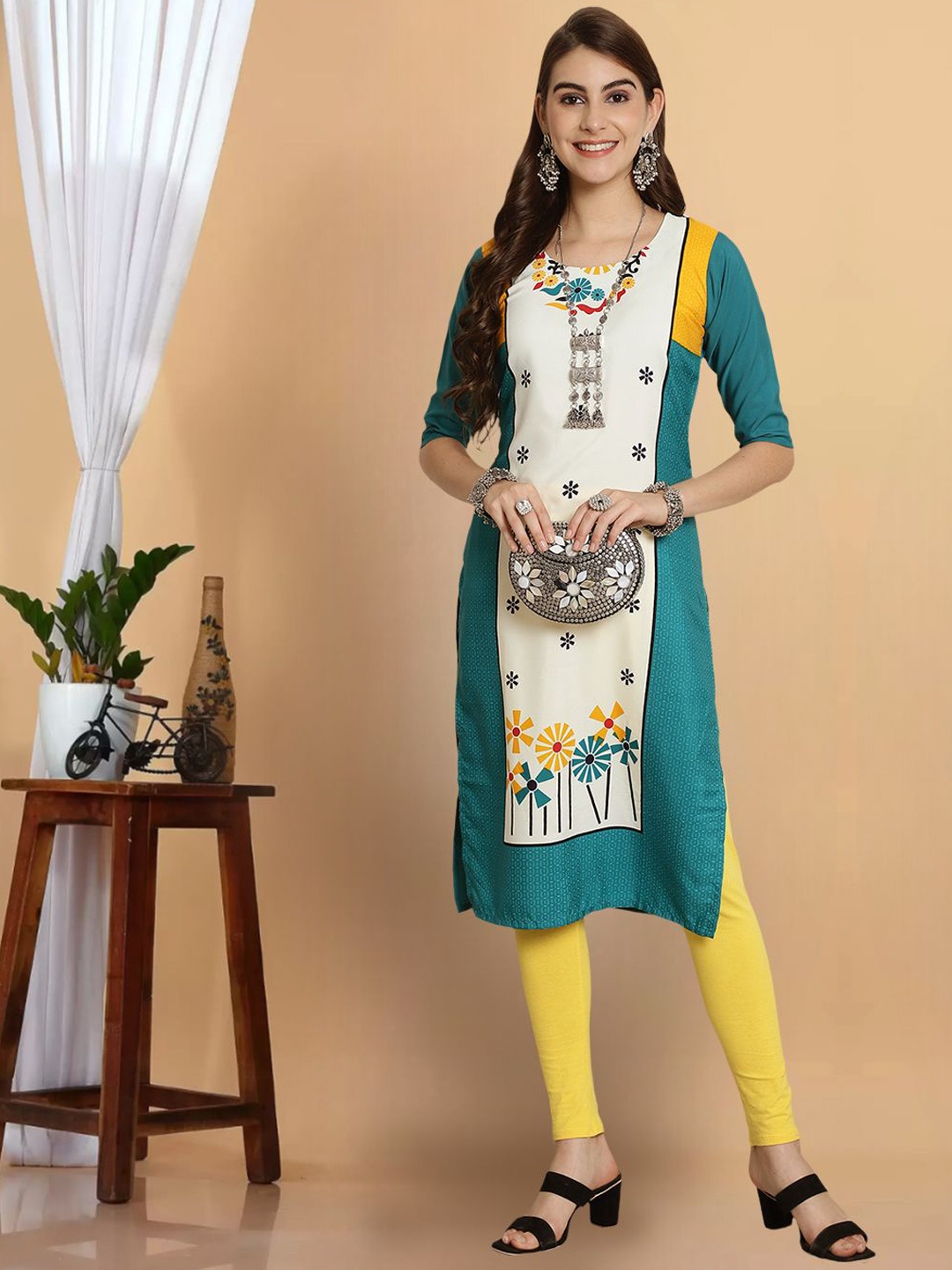 

1 Stop Fashion Geometric Printed Round Neck Straight Kurta, Teal