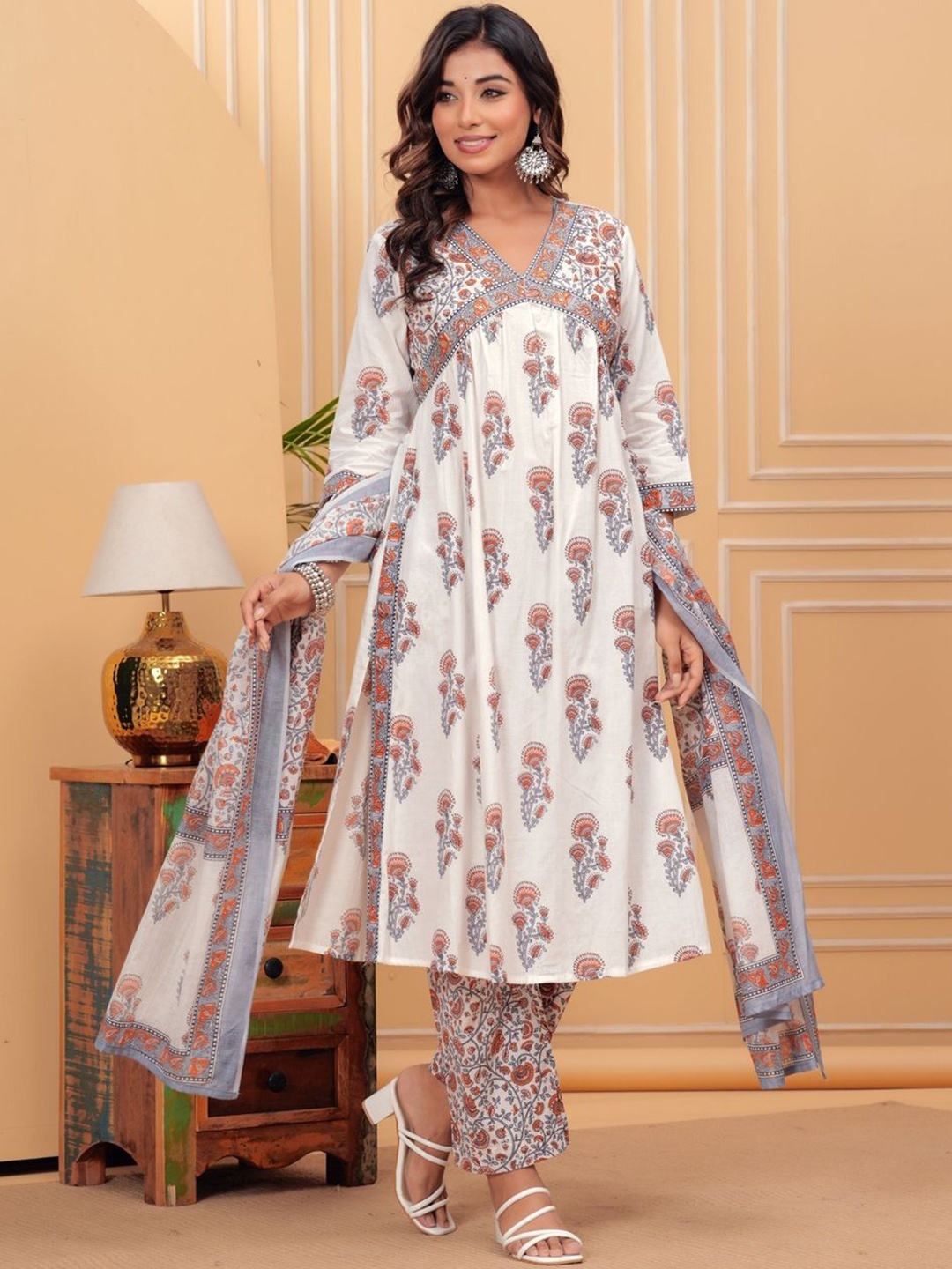 

KALINI Women Ethnic Motifs Printed Regular Thread Work Pure Cotton Kurta with Trousers & With Dupatta, Orange