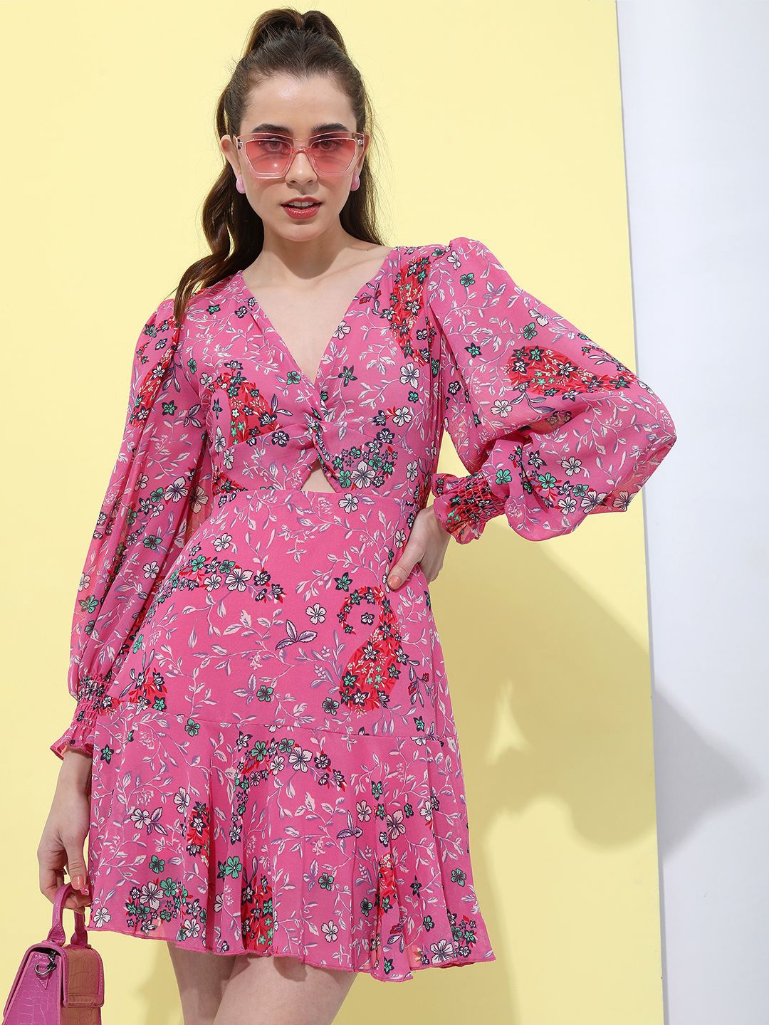 

Tokyo Talkies Floral Print Puff Sleeve Fit & Flare Dress, Pink