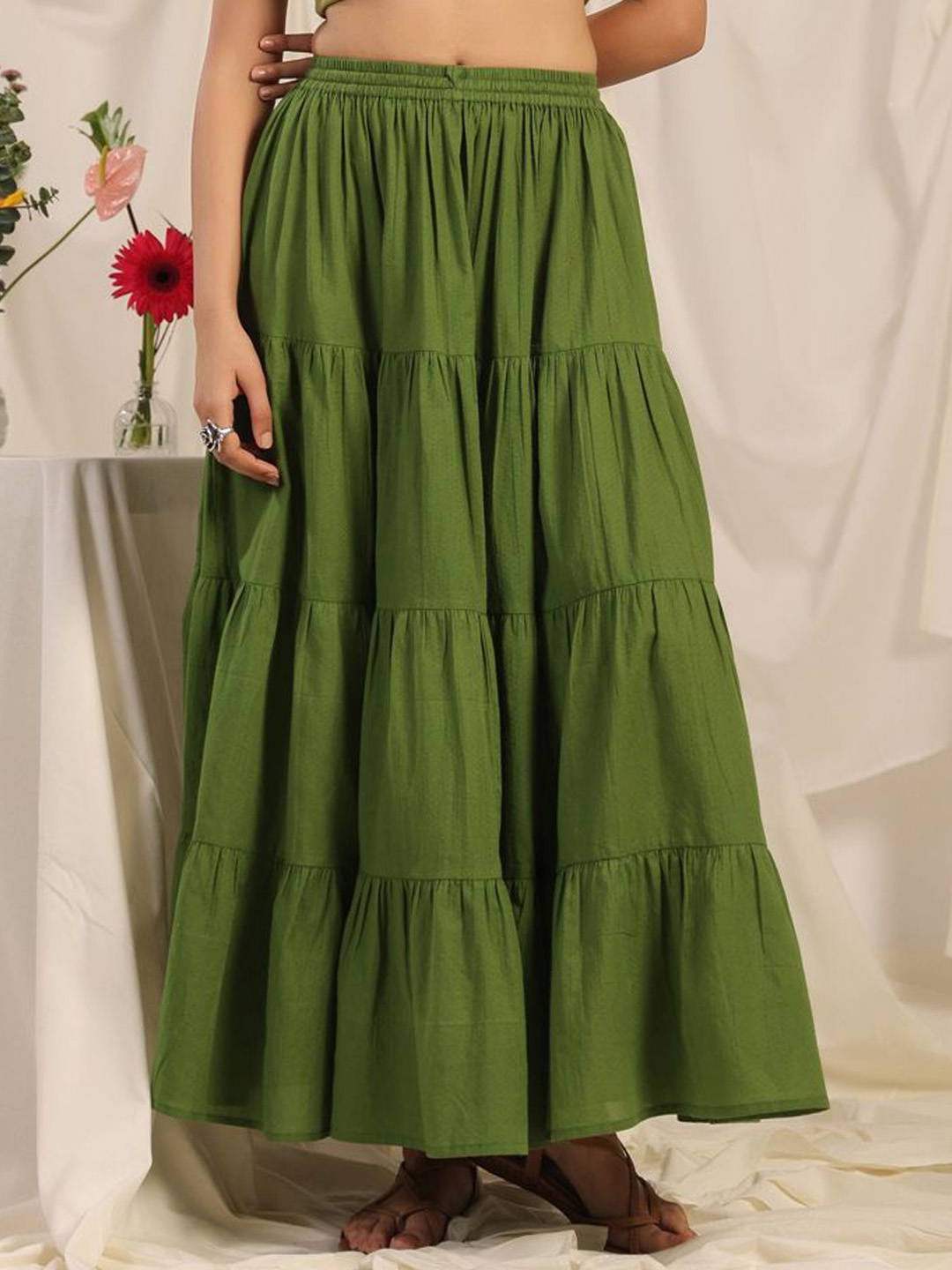 

Anayna Pure Cotton Flared Maxi Skirt, Green