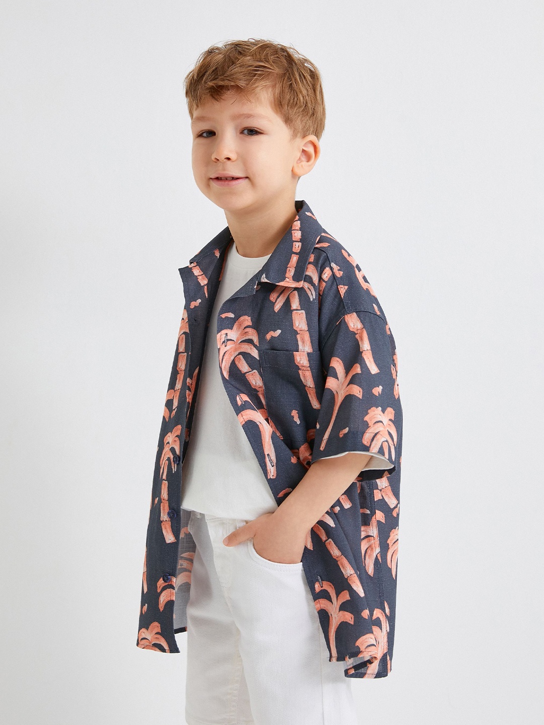 

Koton Boys Spread Collar Tropical Printed Cotton Casual Shirt, Pink