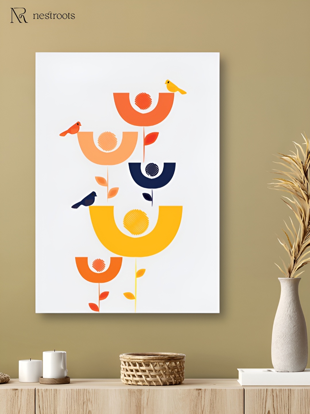 

nestroots White & Yellow Colorful Birds Abstract Canvas Wall Painting