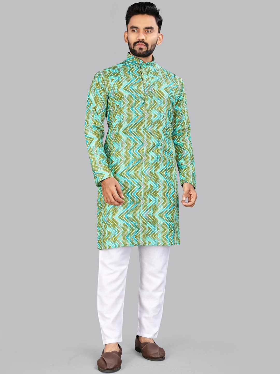 

allan peter Men Printed Cold-Shoulder Sleeves Kurta, Green