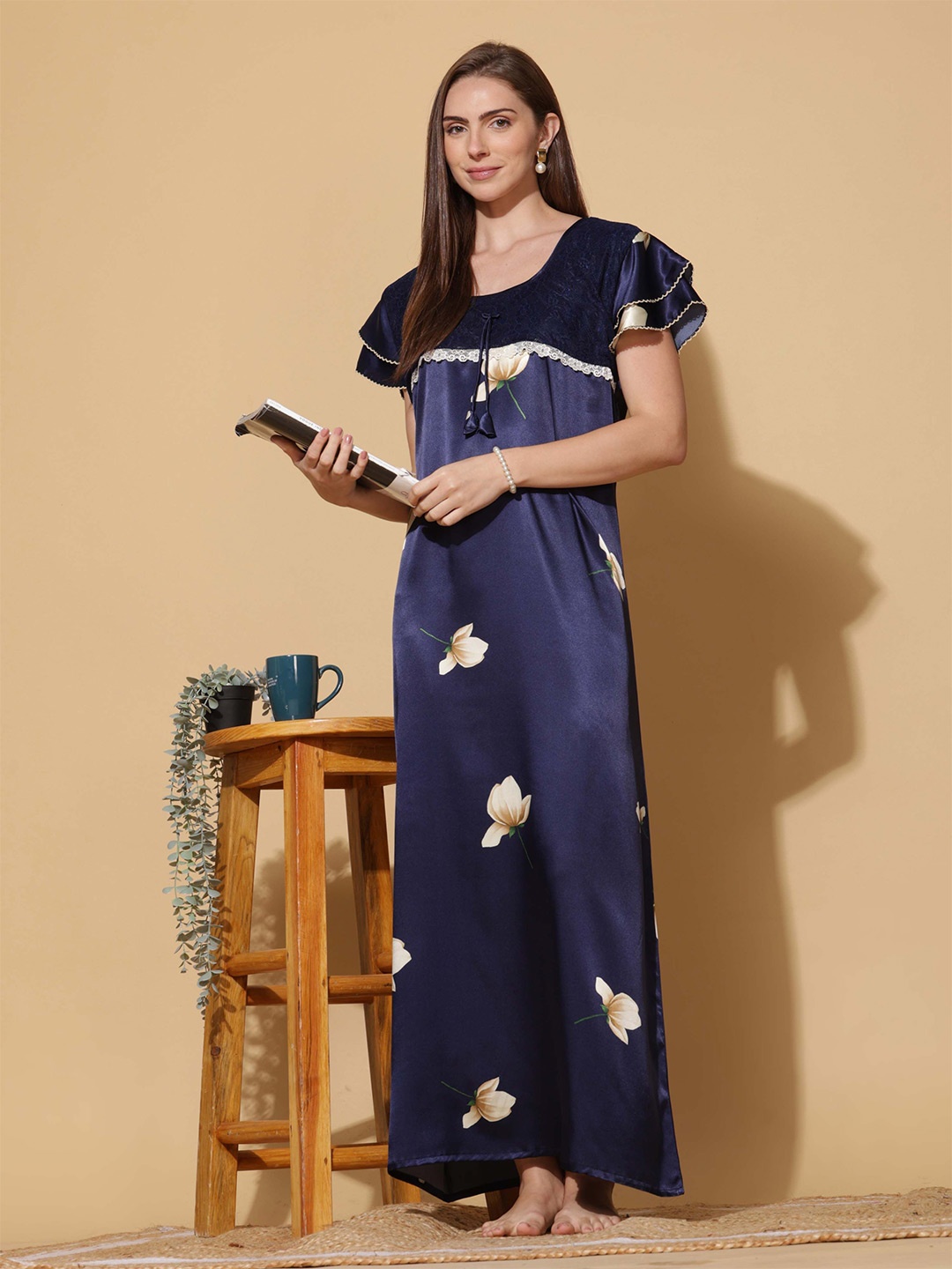 

9shines Label Women Floral Printed Maxi Nightdress, Navy blue