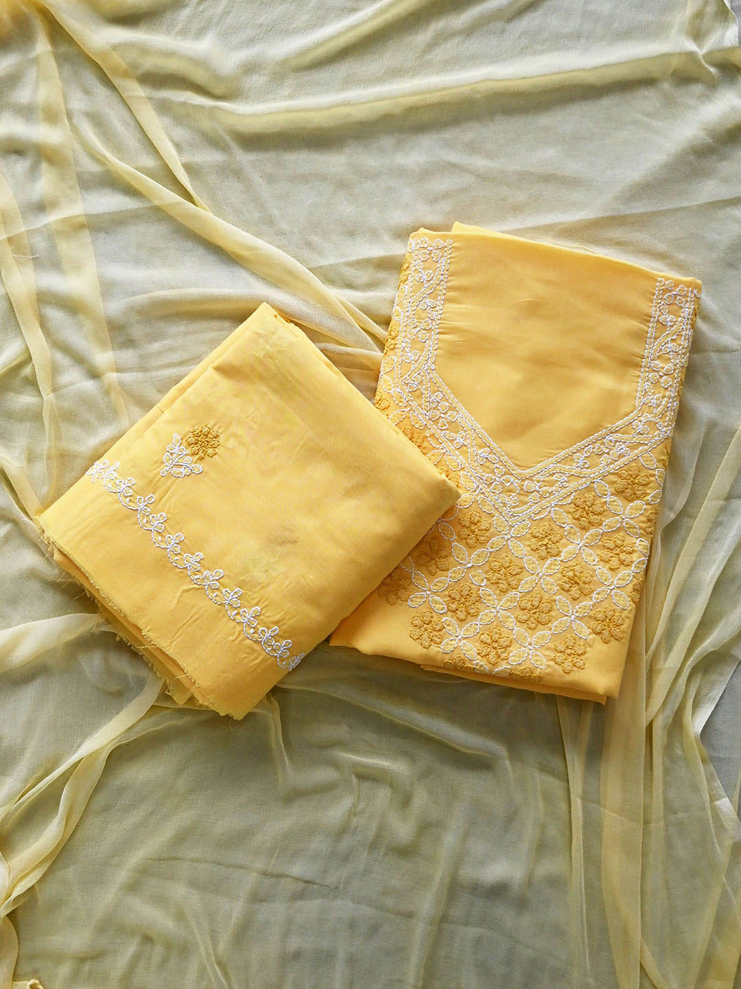 

Seva Chikan Embroidered Unstitched Dress Material, Yellow