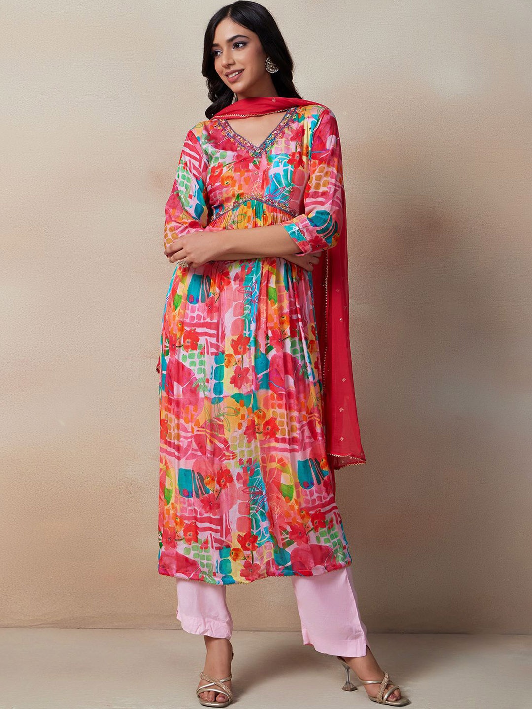 

Rang by Indya Women Floral Printed Regular Kurta with Trousers & With Dupatta, Pink