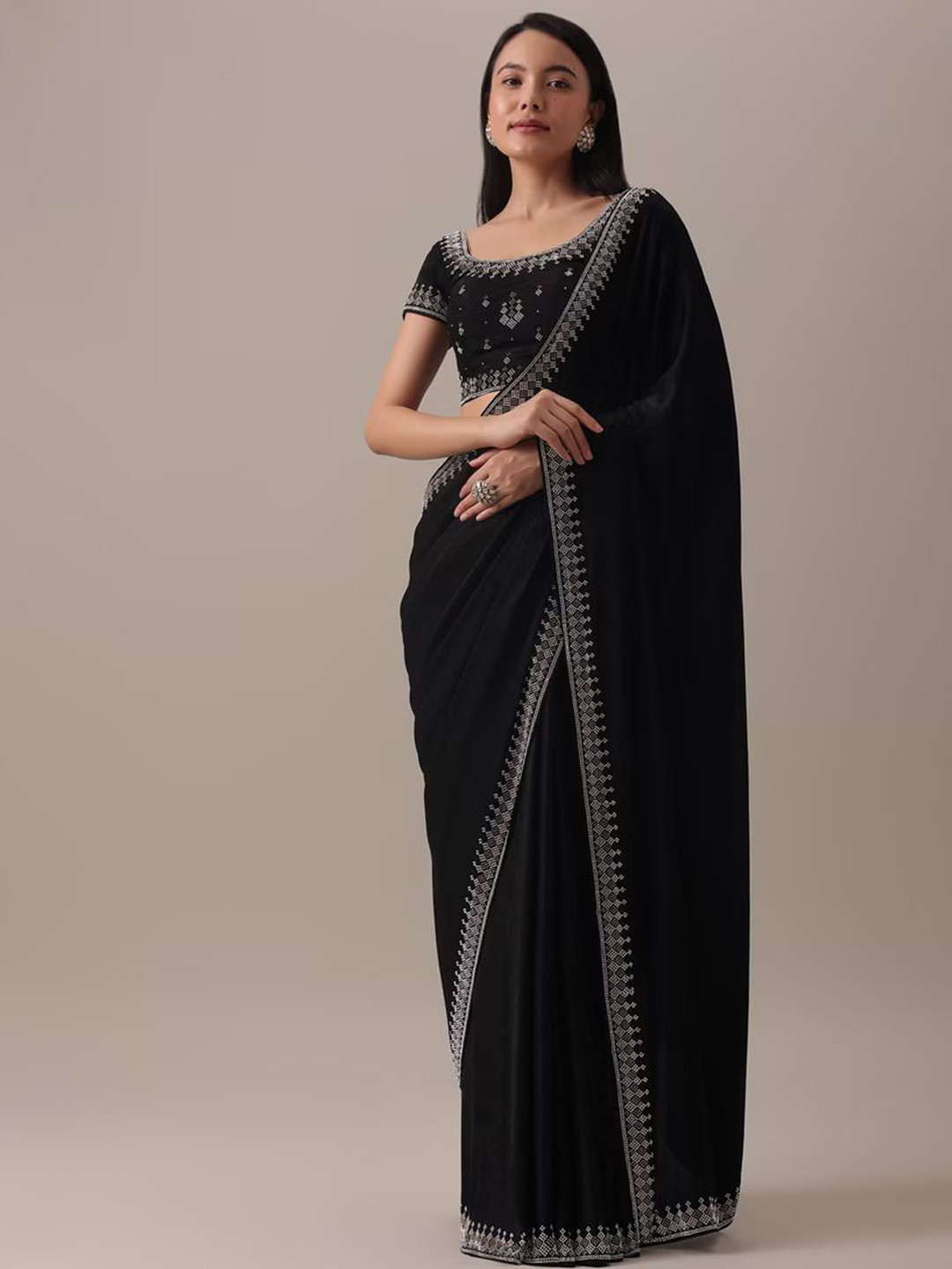 

FEBO FASHION Beads and Stones Poly Georgette Saree, Black