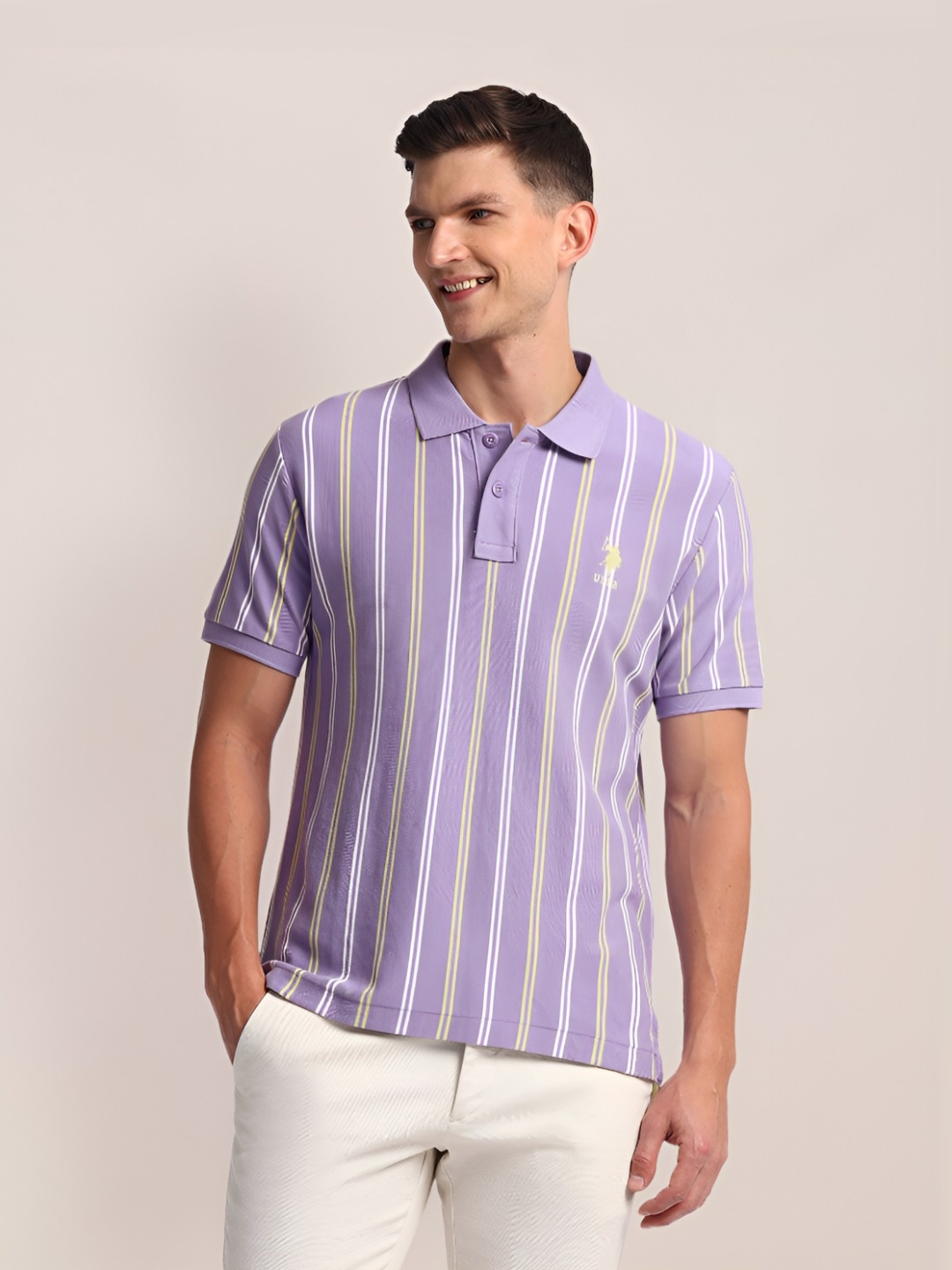 

U.S. Polo Assn. Men Striped Polo Collar Slim Fit T-shirt, Purple