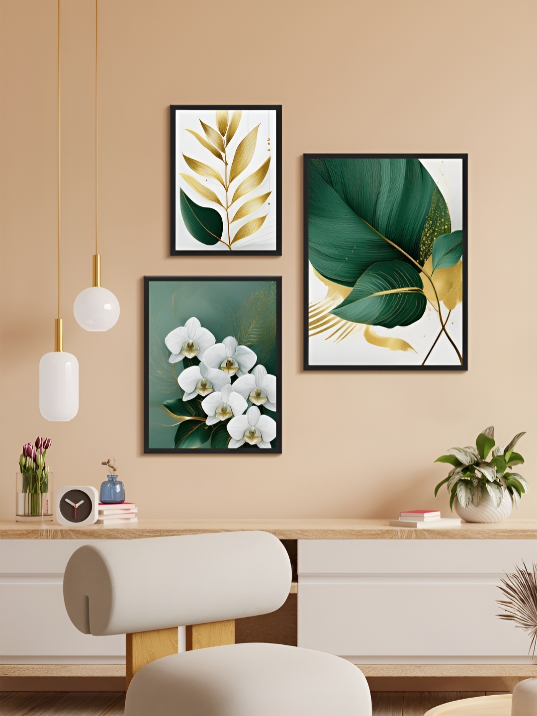 

999Store Green & White 3 Piece Paper Floral and Botanical Wall Paintings