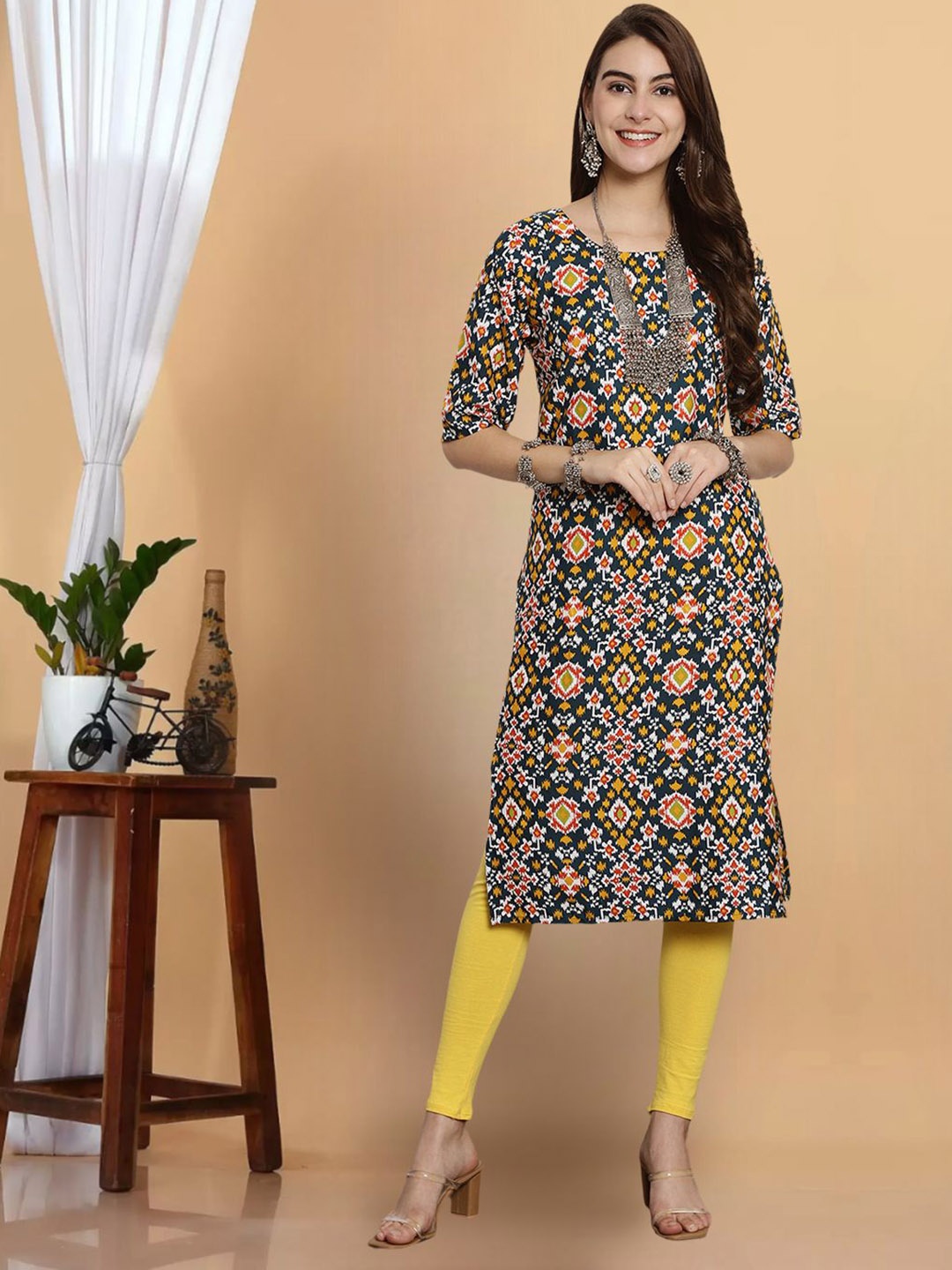 

7Threads Ethnic Motifs Printed Round Neck Straight Kurta, Teal