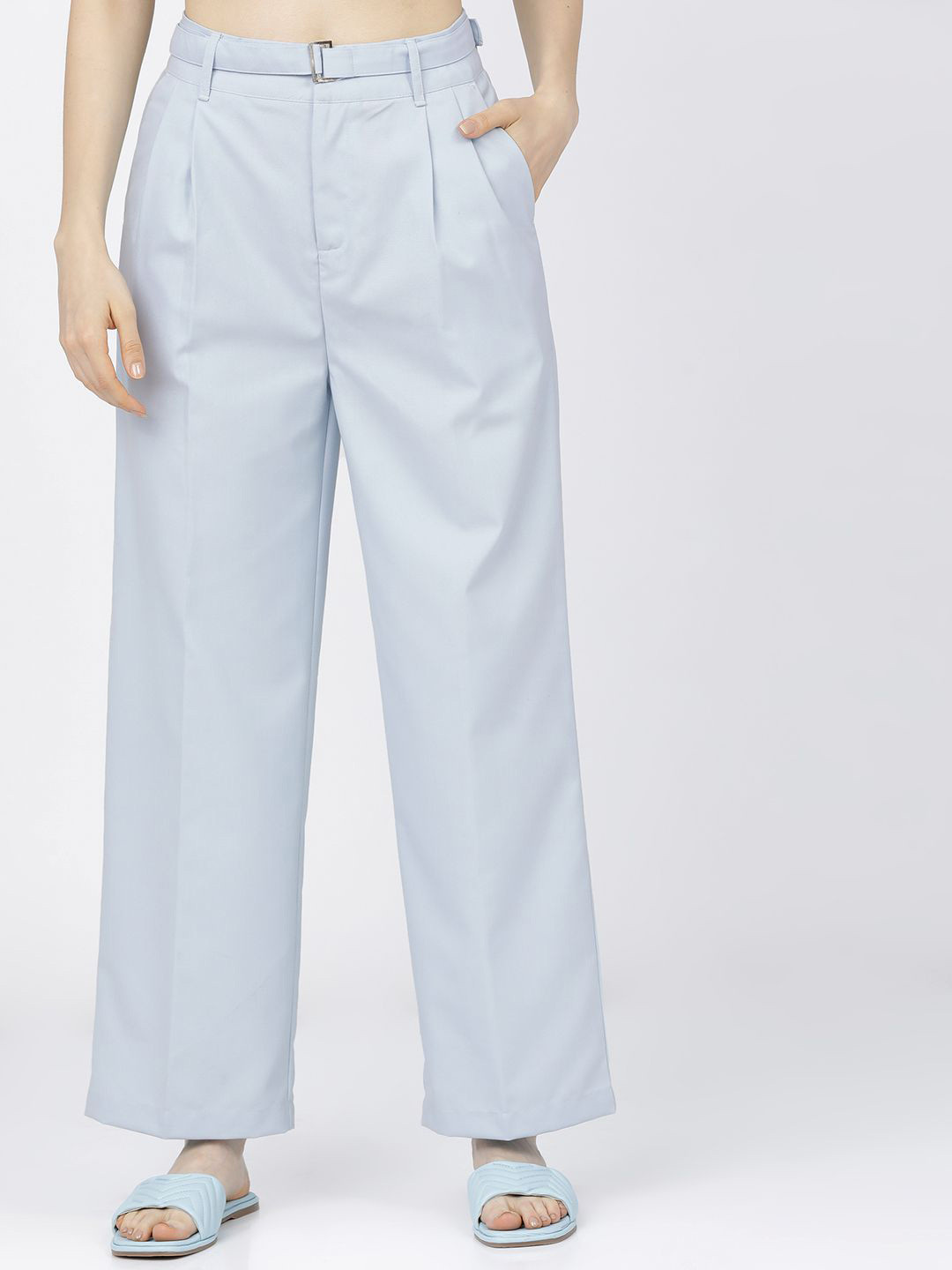 

Tokyo Talkies Women Flared High-Rise Pleated Trousers, Blue