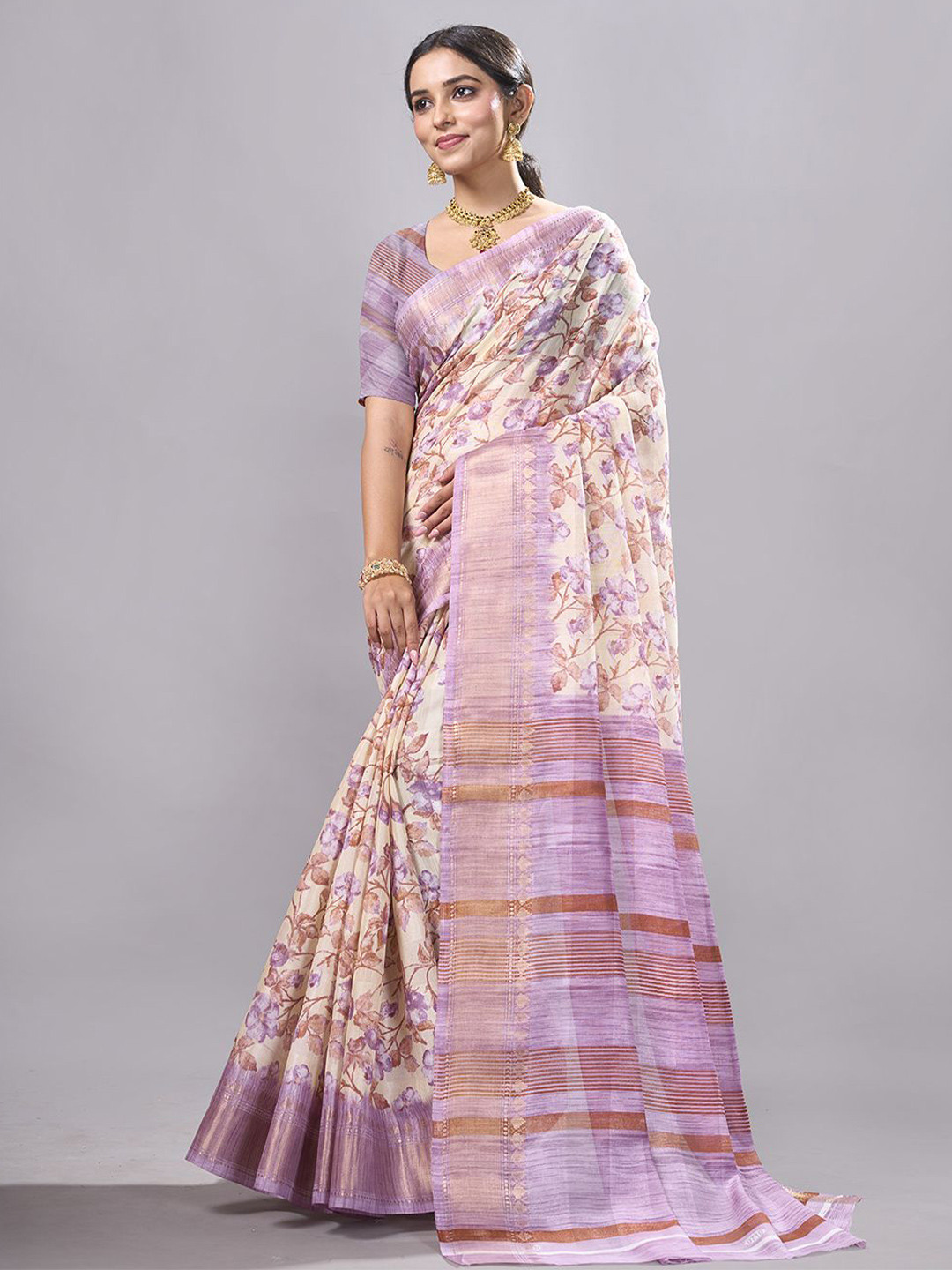 

NIRMAL CREATION Floral Zari Pure Cotton Saree, Lavender