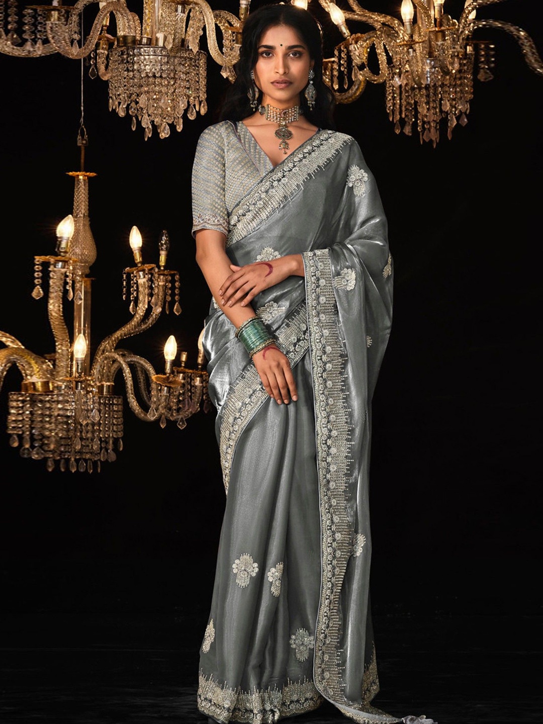 

MySilkLove Floral Embroidered Tissue Saree, Grey