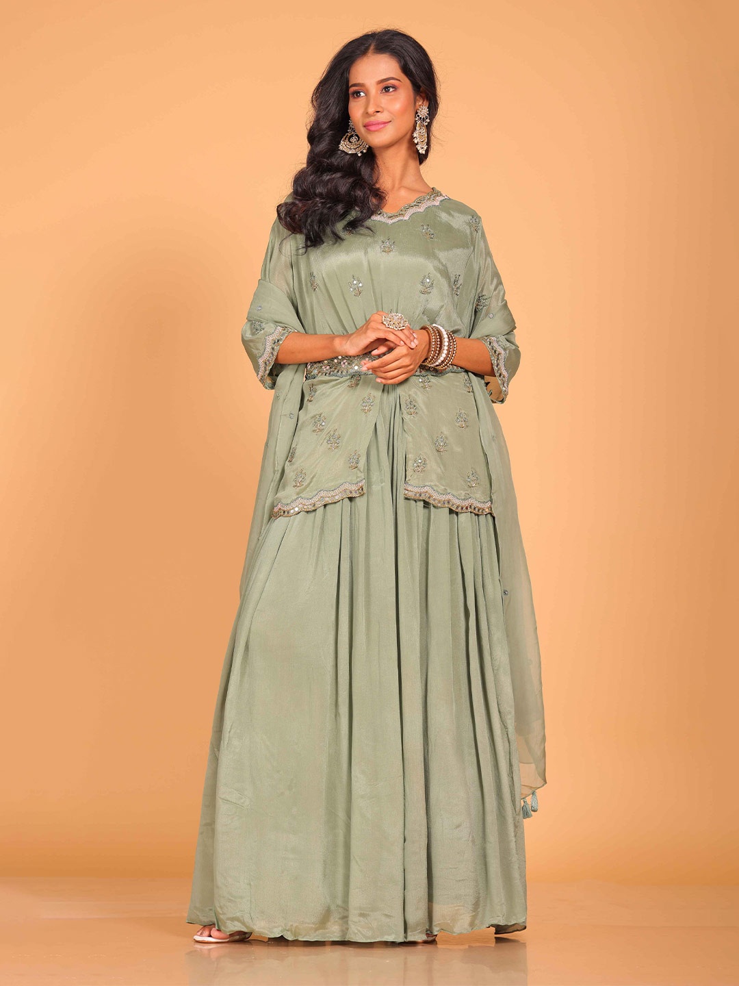 

Morchari Embroidered Crop Top With Skirt & Dupatta, Green