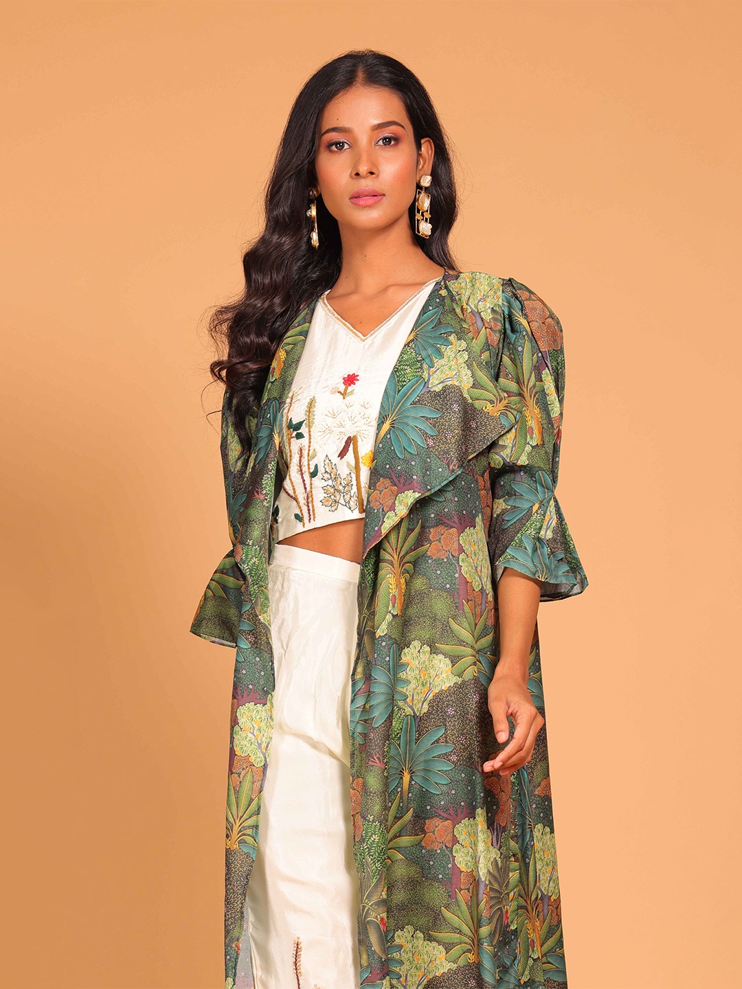 

Morchari Embroidered Top With Trouser & Long Jacket, White