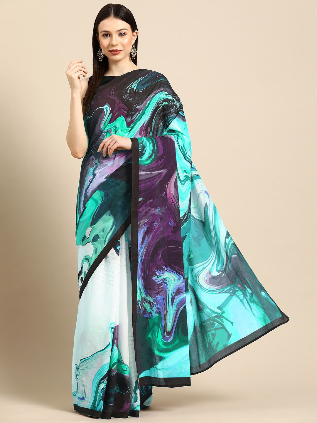 

BUTA BUTI Printed Pure Cotton Saree, Sea green