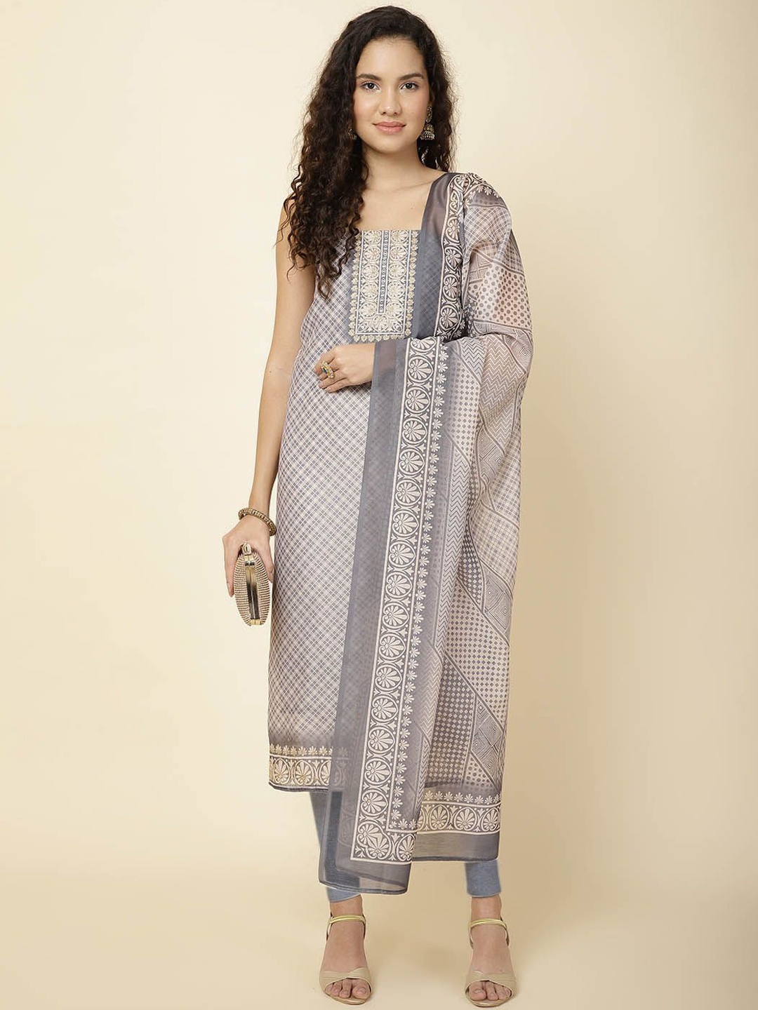 

Meena Bazaar Printed Art Silk Unstitched Dress Material, Grey
