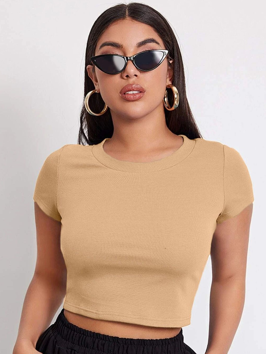

Tivante Women Solid Knits Round Neck Cotton Top, Beige
