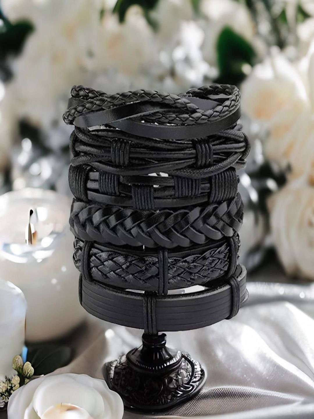 

UNIVERSITY TRENDZ Men Set of 4 Leather Multistrand Bracelets, Black