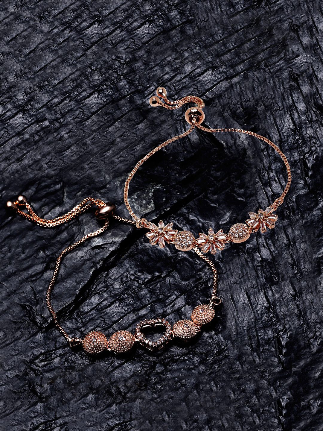 

ZENEME Set Of 2 Rose Gold-Plated American Diamond Studded Charm Bracelet