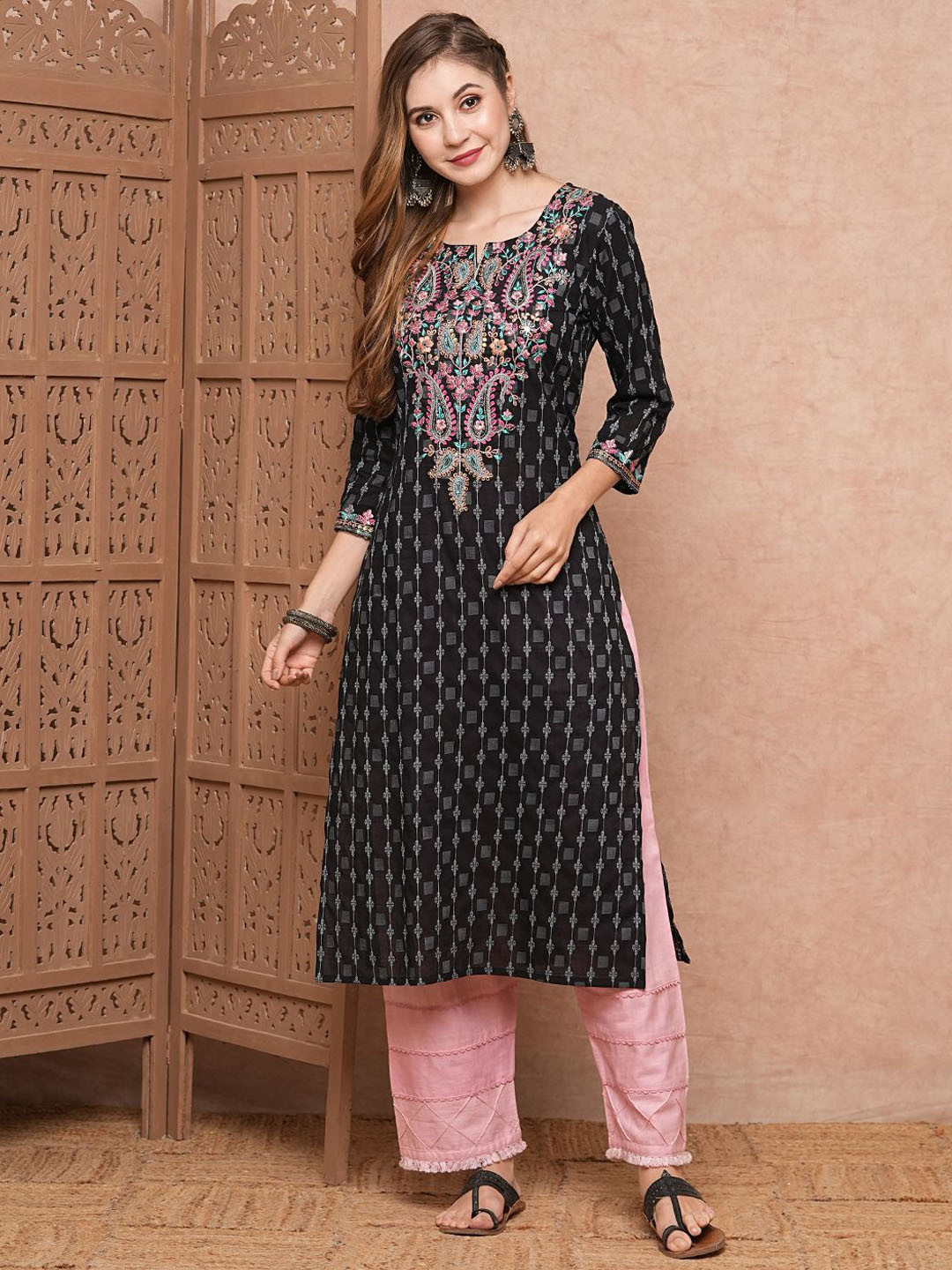 

FASHOR Women Ethnic Motifs Printed Kurta, Black
