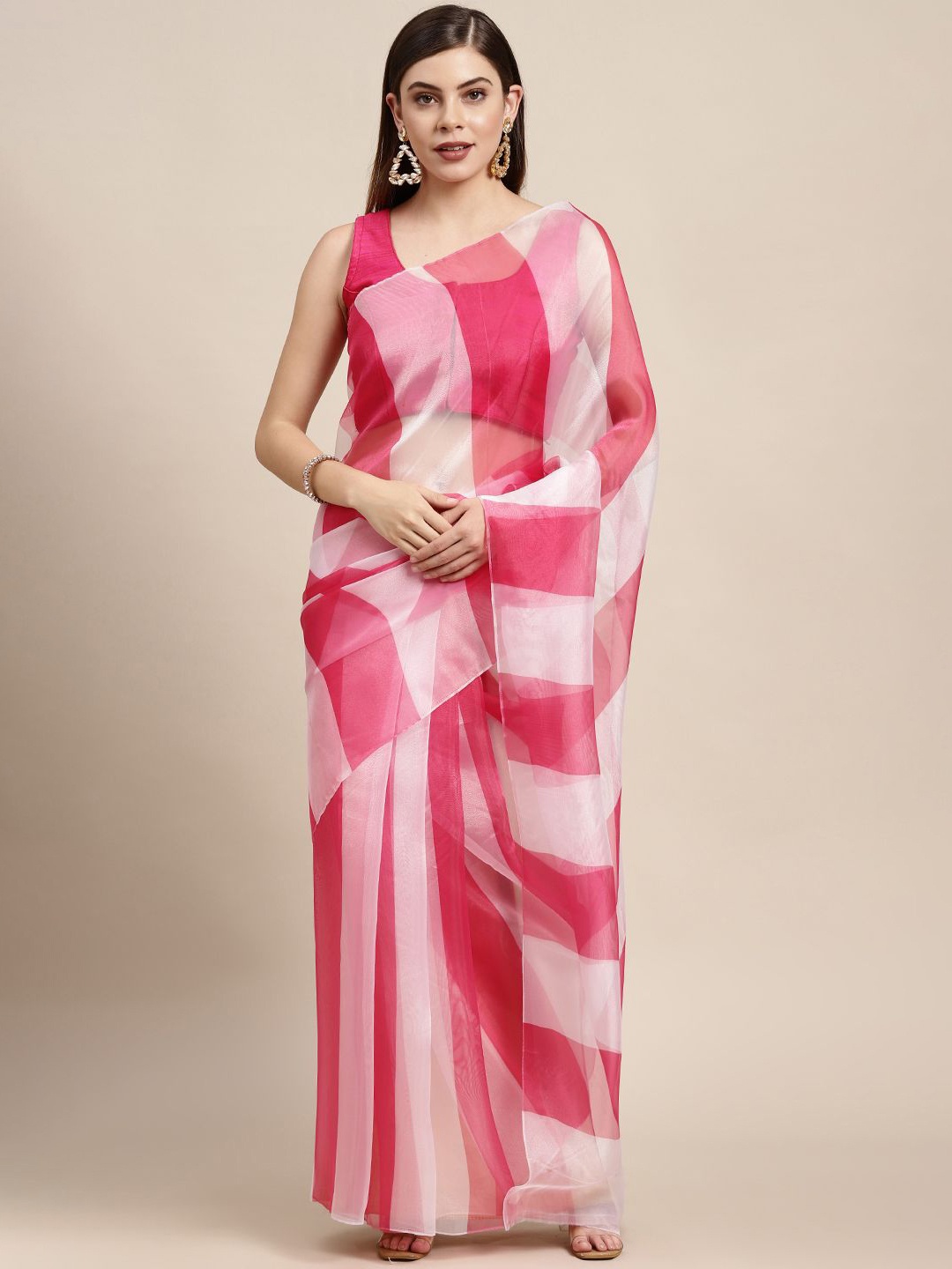 

KIMISHA Striped Printed Organza Saree, Pink