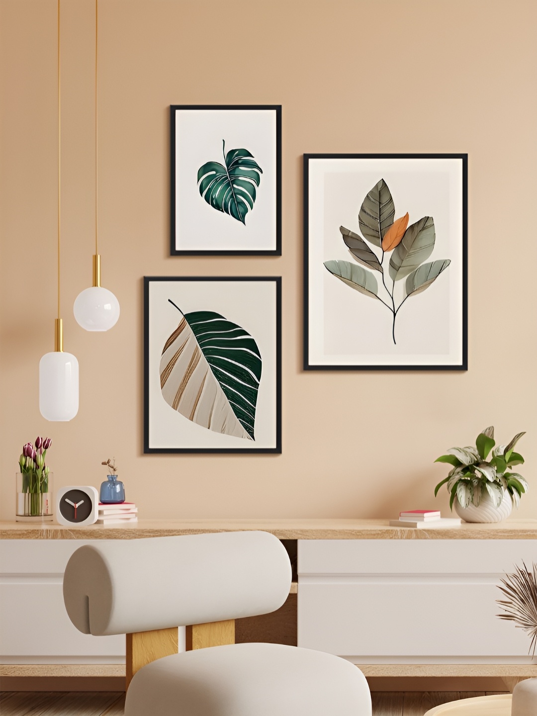 

999Store Tan & Green 3 Piece Paper Floral and Botanical Wall Paintings