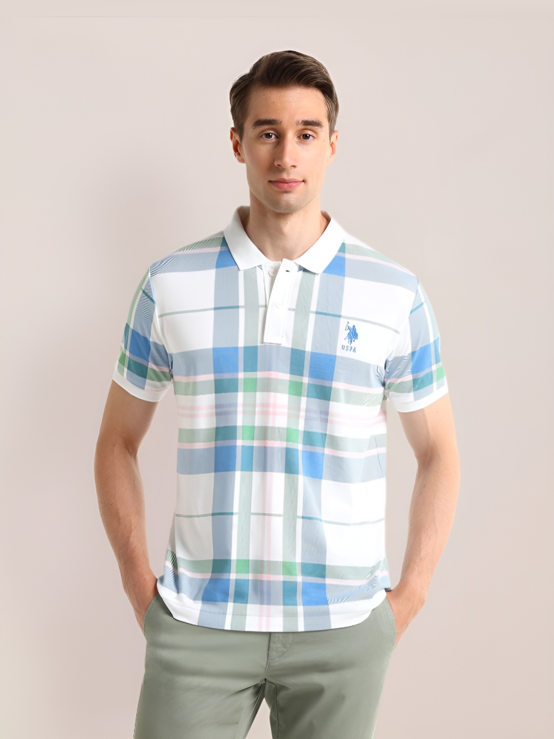 

U.S. Polo Assn. Men Checked Polo Collar Applique Slim Fit T-shirt, White