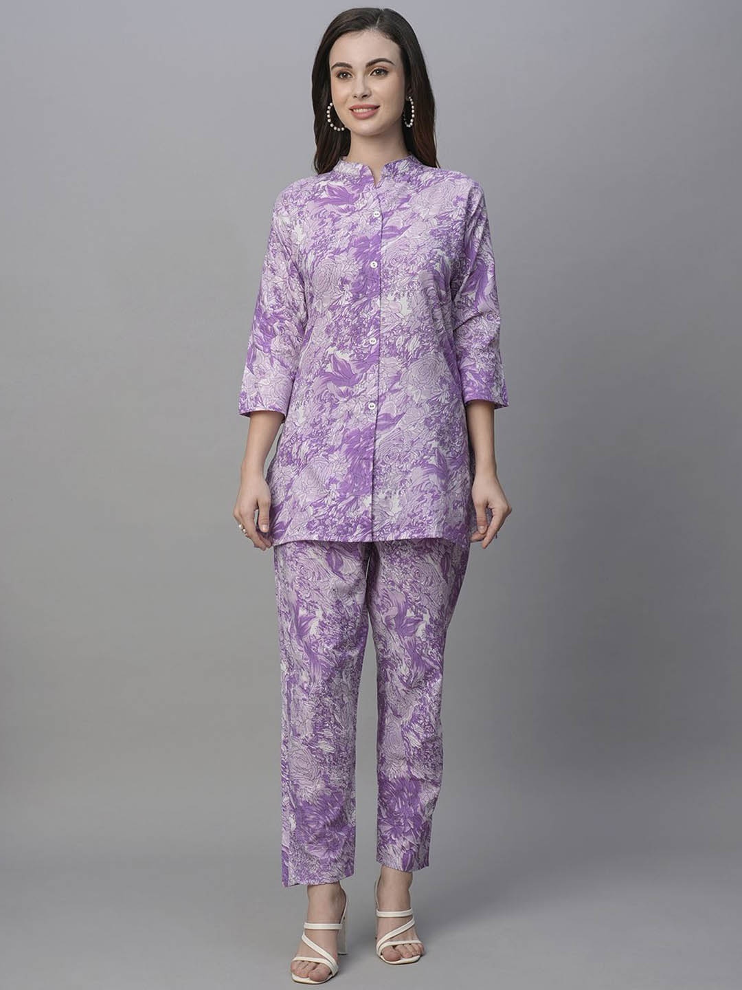 

Kiana Floral Printed Cotton Tunic With Trouser Co-Ords, Purple