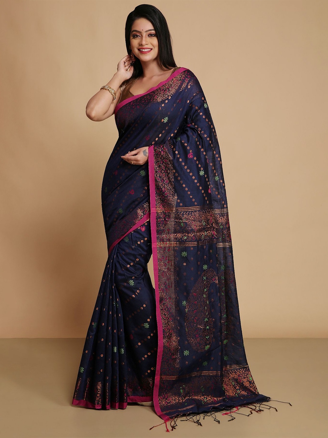 

WoodenTant Woven Design Ethnic Motifs Zari Saree, Navy blue