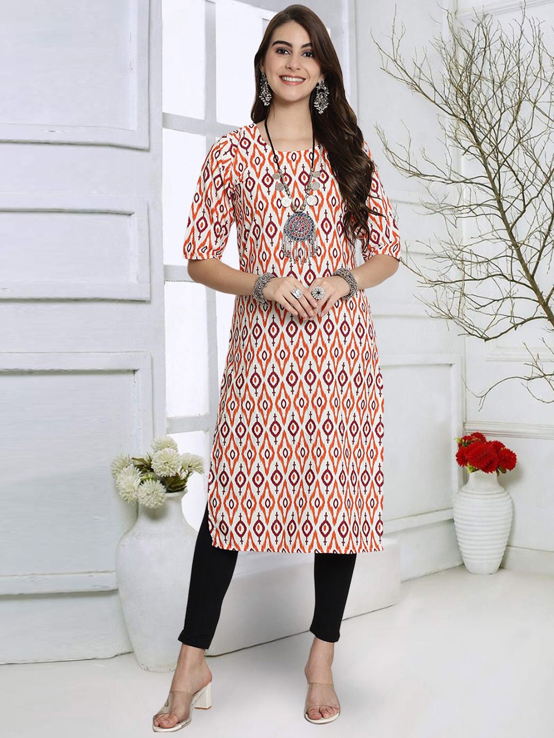 

7Threads Ethnic Motifs Printed Round Neck Crepe Straight Kurta, White