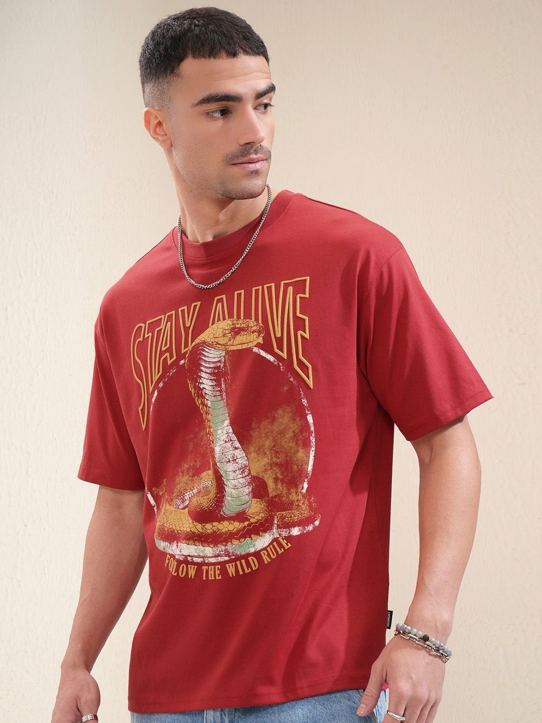 

LOCOMOTIVE Premium Men Graphic Printed Round Neck Relaxed Fit Tshirt, Maroon