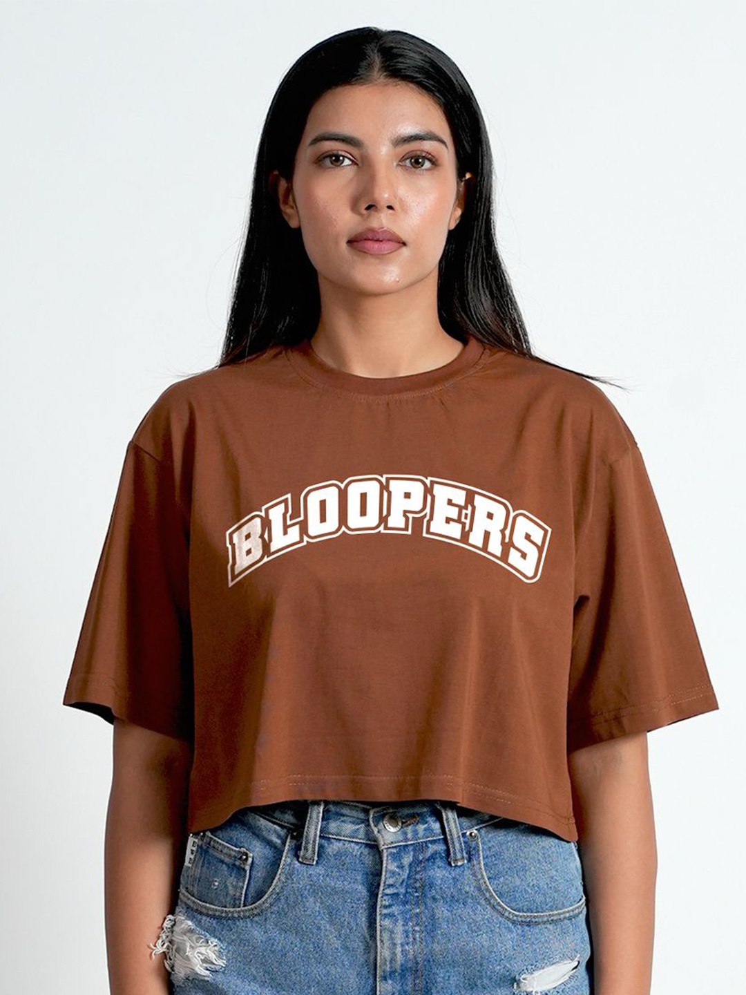 

Bloopers Store Women Typography Printed Round Neck Cotton Top, Brown
