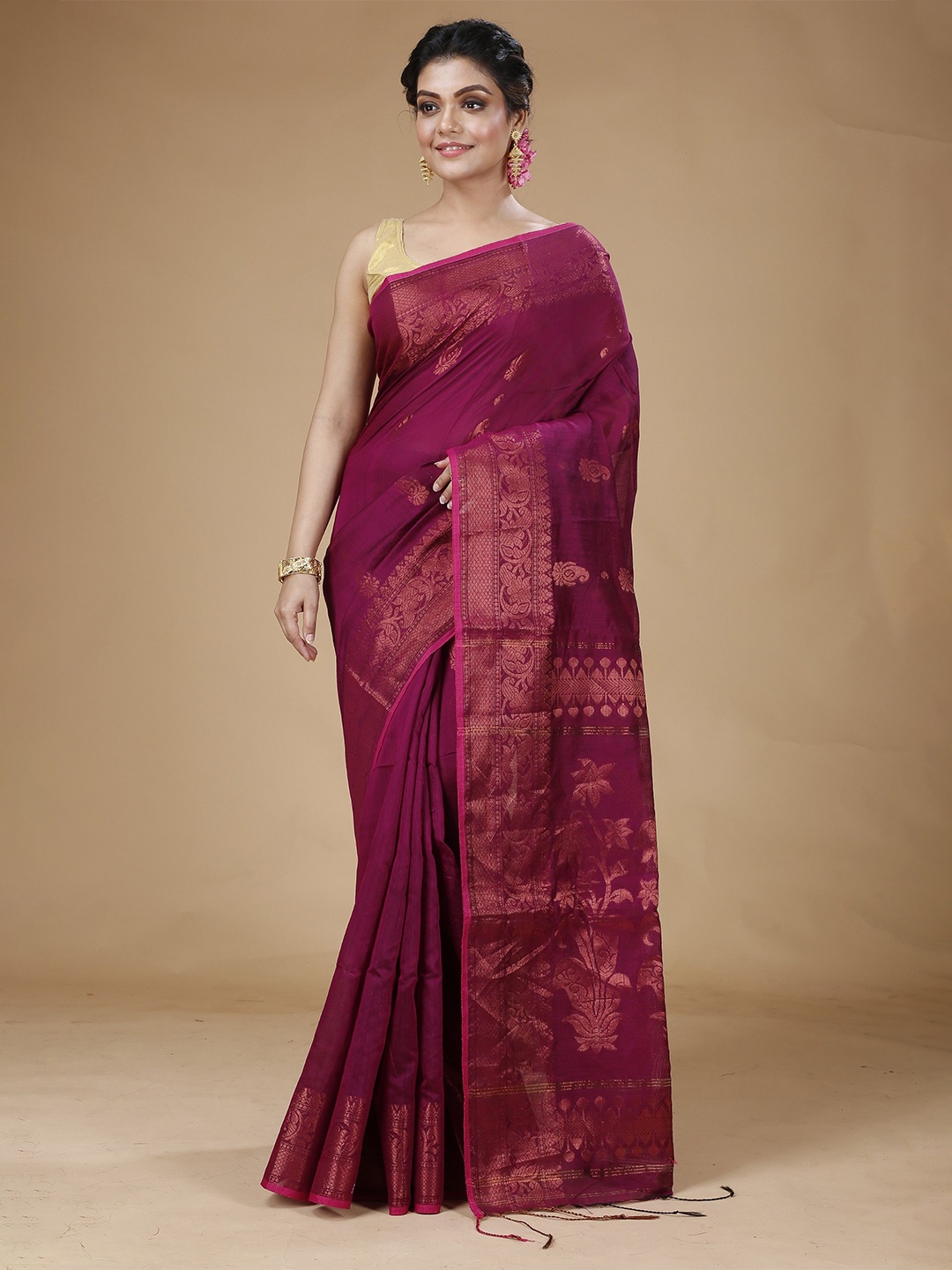 

SLAGHA Woven Design Zari Silk Cotton Jamdani Saree, Purple