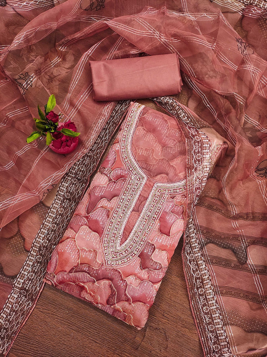 

MANVAA Embellished Organza Unstitched Dress Material, Peach