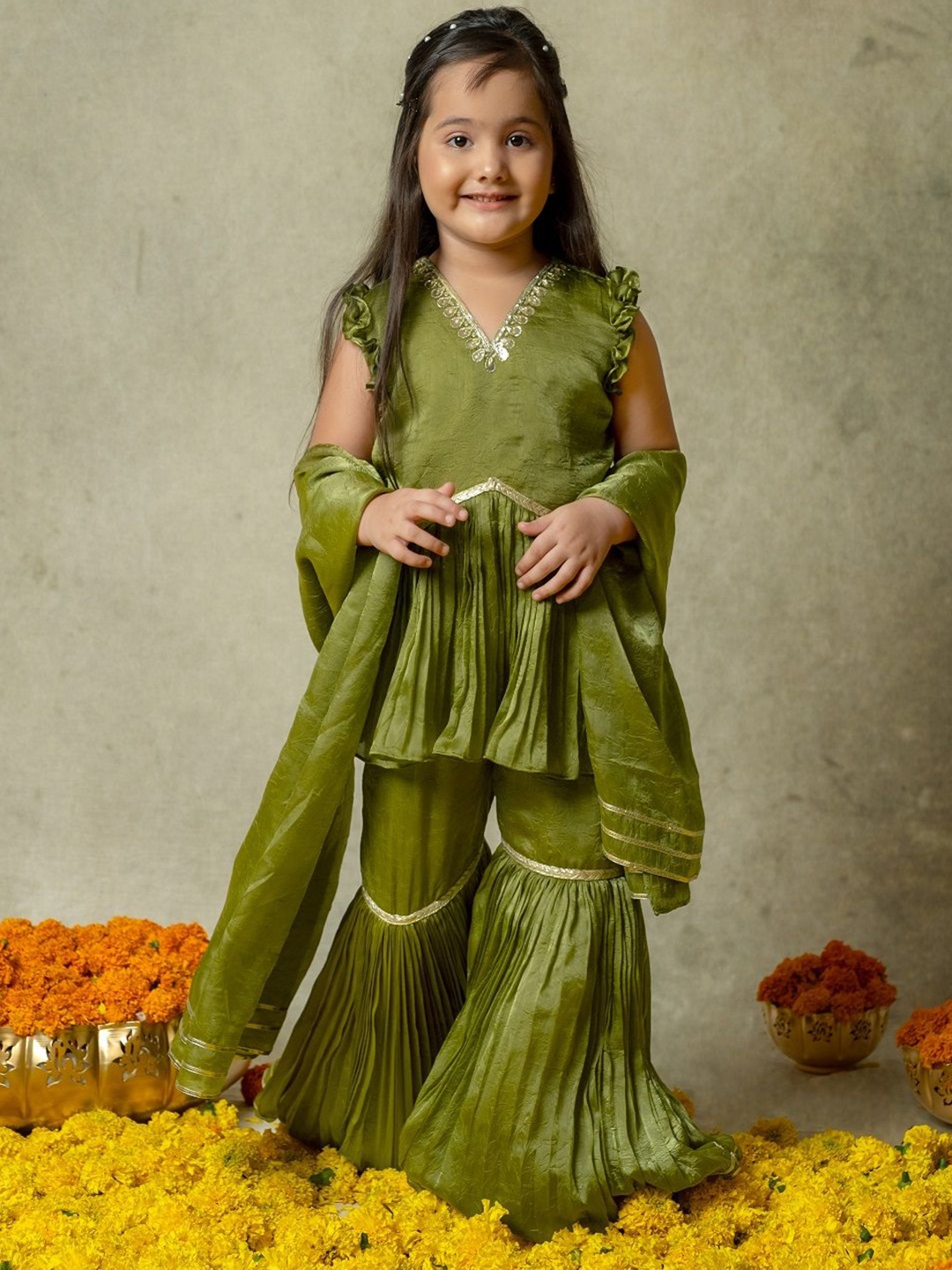 

Vivedkids Girls Floral Yoke Design Regular Gotta Patti Kurti with Sharara & Dupatta, Olive