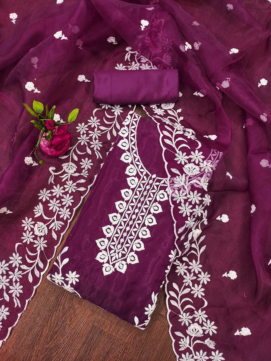 

MANVAA Embroidered Organza Unstitched Dress Material, Magenta