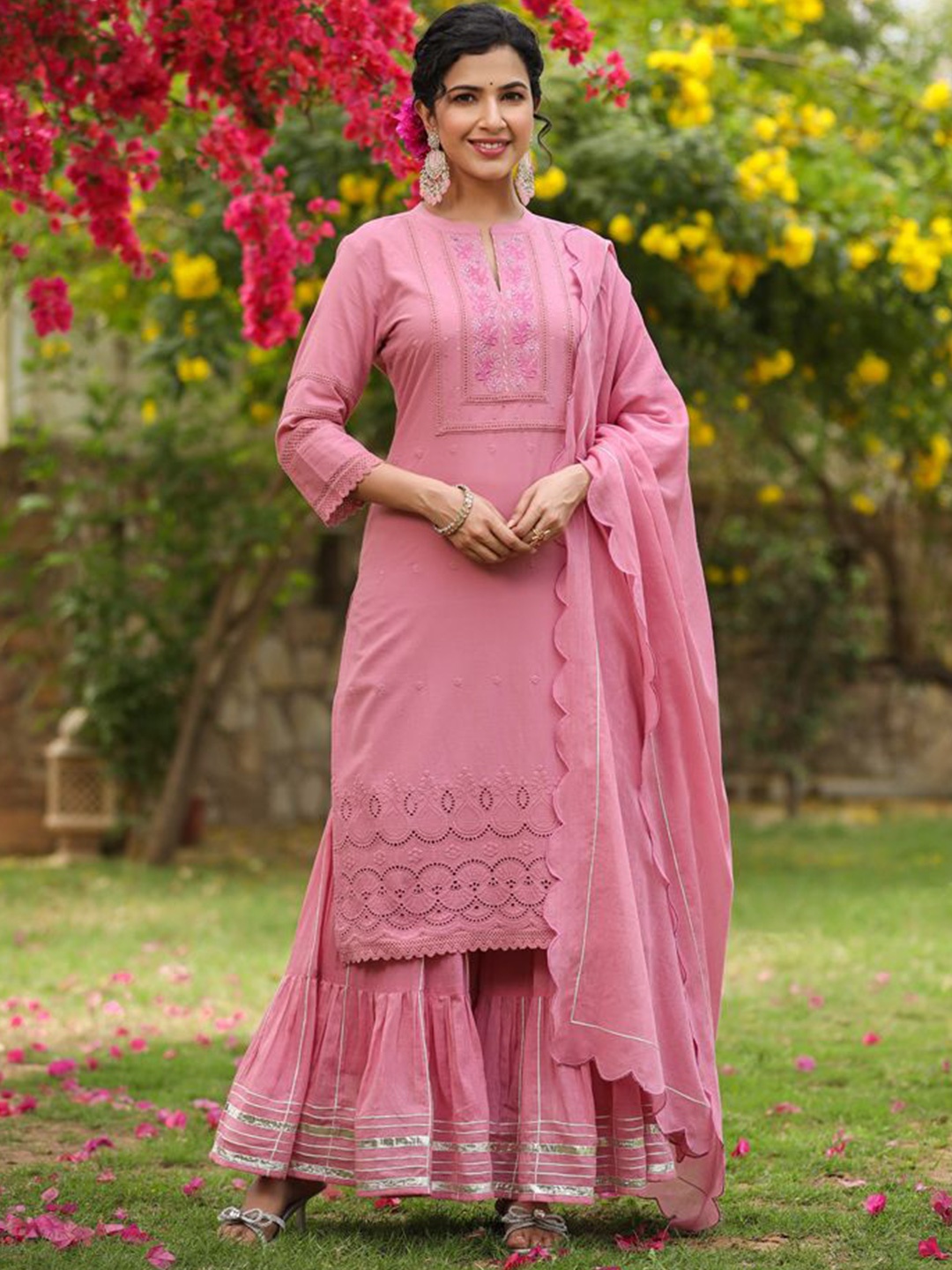 

PIROH Women Regular Pure Cotton Kurta with Sharara & With Dupatta, Pink