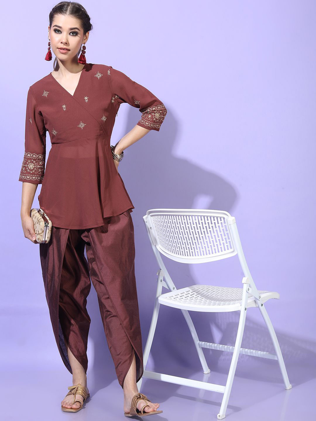 

Vishudh Women Ethnic Motifs Embroidered Regular Thread Work Kurta with Dhoti Pants, Maroon