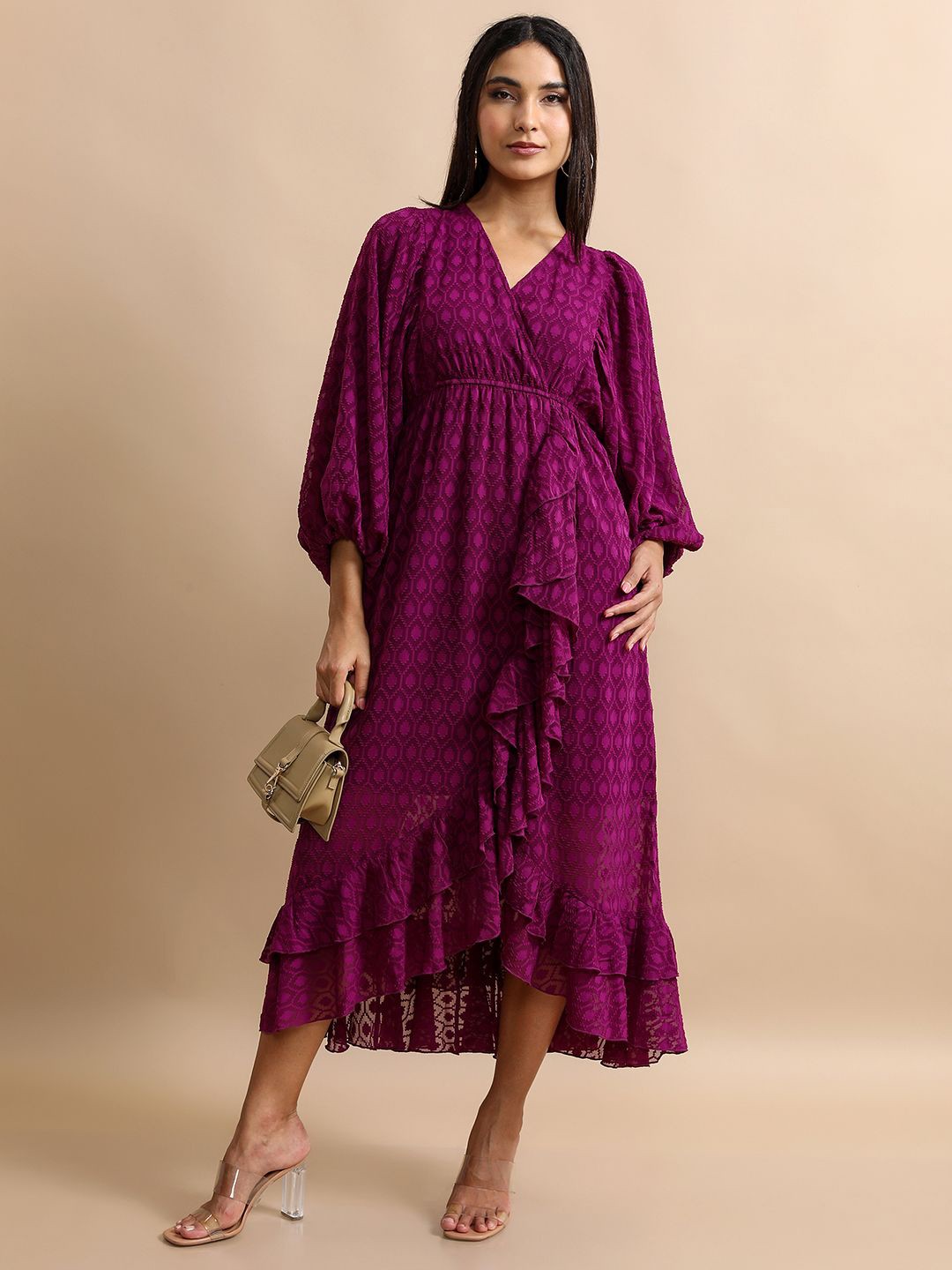 

Tokyo Talkies Print Flared Sleeve Empire Midi Dress, Maroon