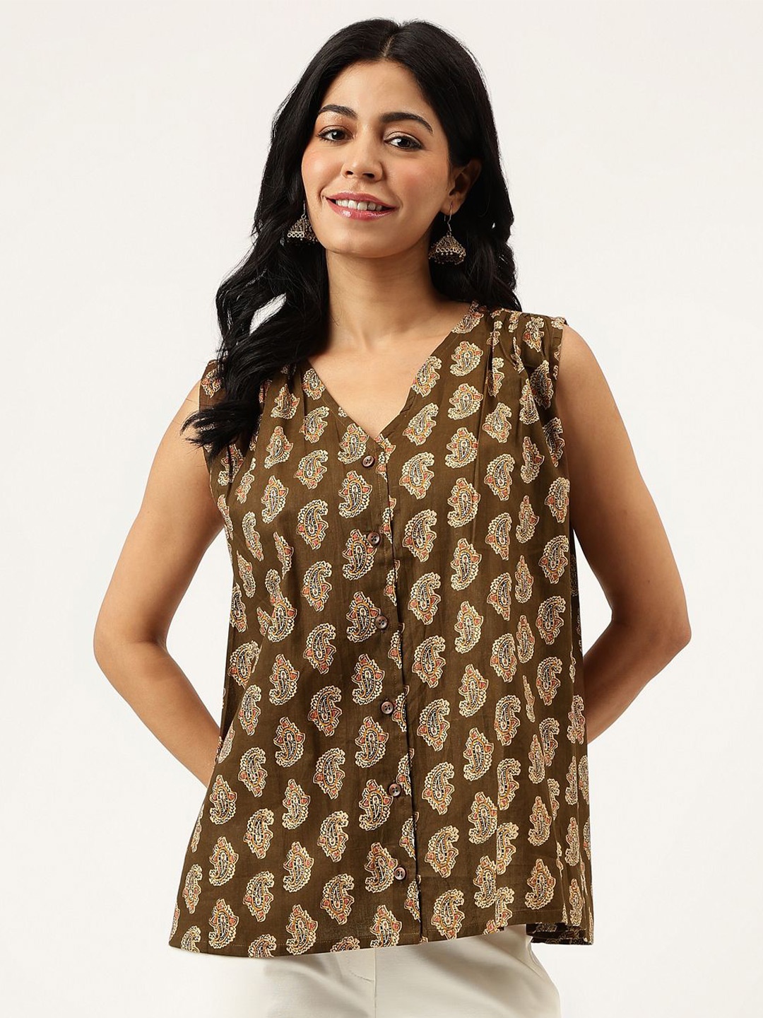 

SPARSA Women Ethnic Printed V-Neck Cotton Top, Brown