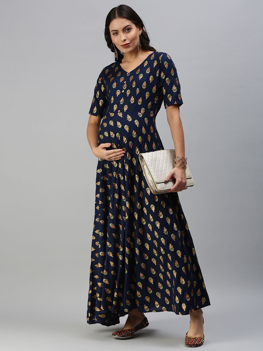 

Swishchick Ethnic Motifs Print Maternity Maxi Dress, Navy blue