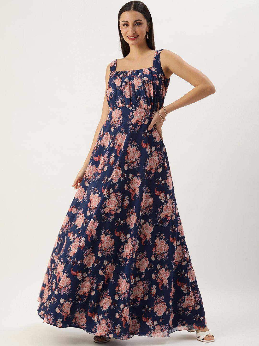 

Ethnovog Floral Printed Square Neck Sleeveless Maxi Dress, Blue