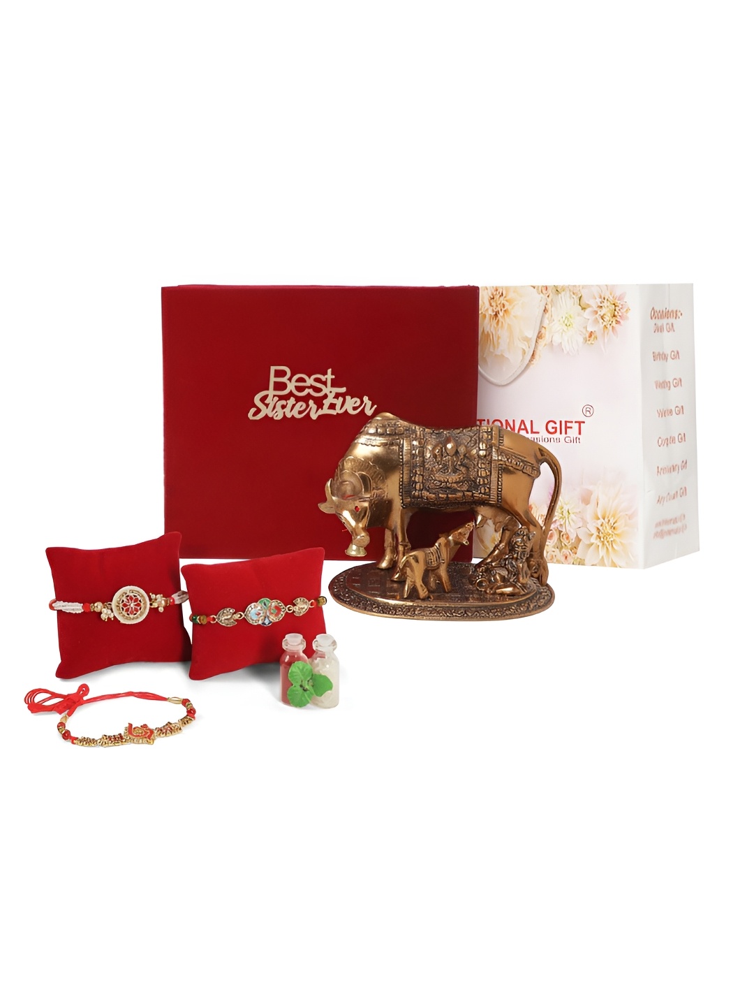 

INTERNATIONAL GIFT Set Of 3 Rakhi Gift Set with Copper Kamdhenu Cow Idol