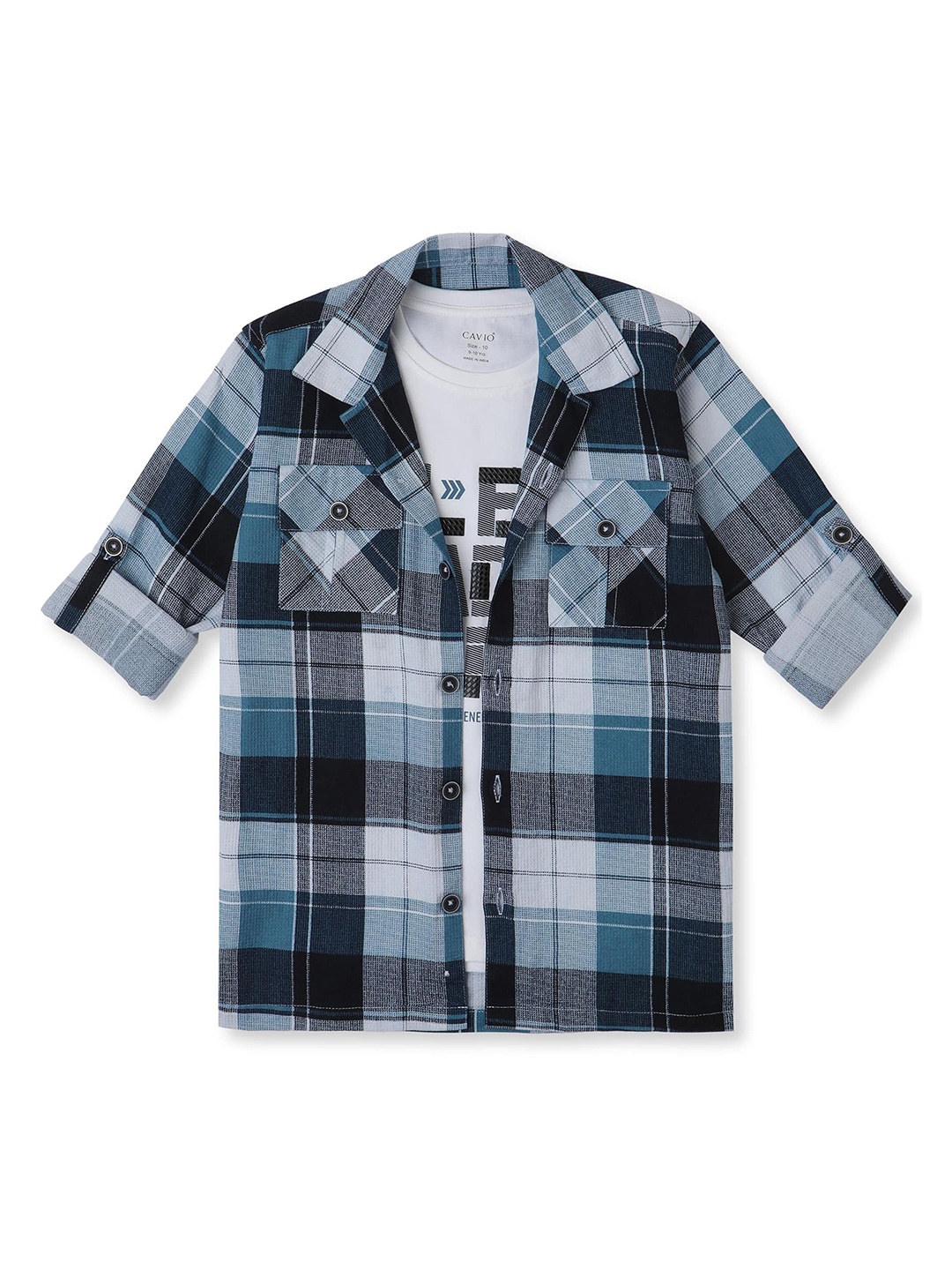 

CAVIO Boys Cuban Collar Checked Cotton Casual Shirts & T-Shirt, Navy blue