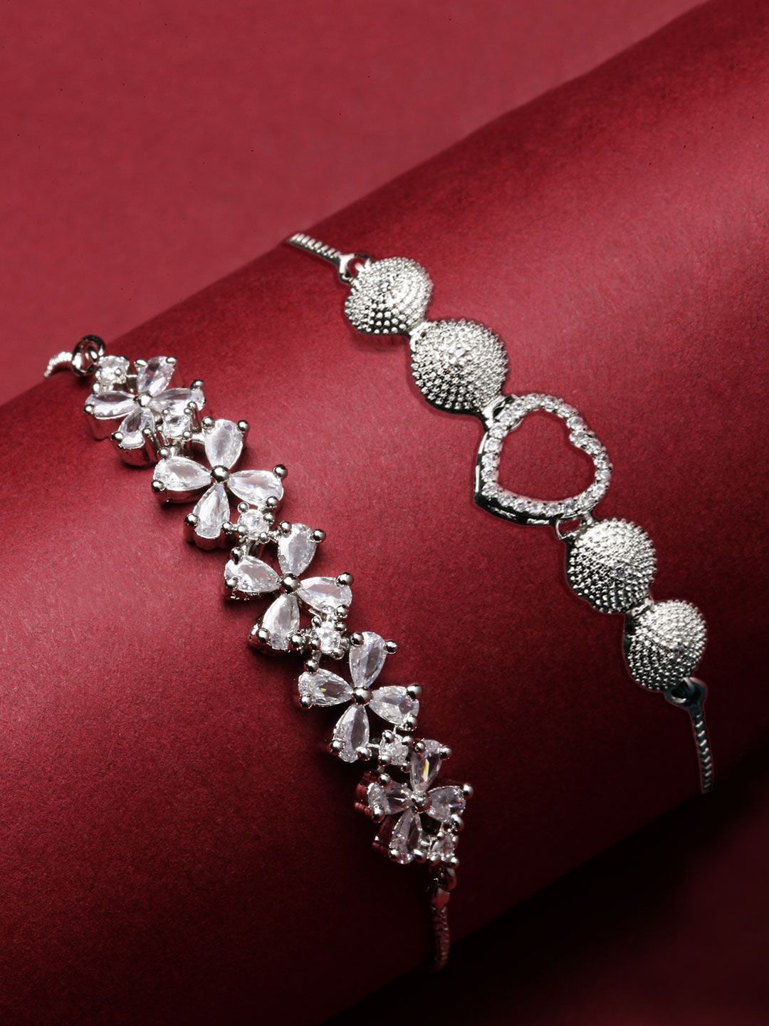 

ZENEME Set Of 2 American Diamond Rhodium-Plated Wraparound Bracelet, Silver