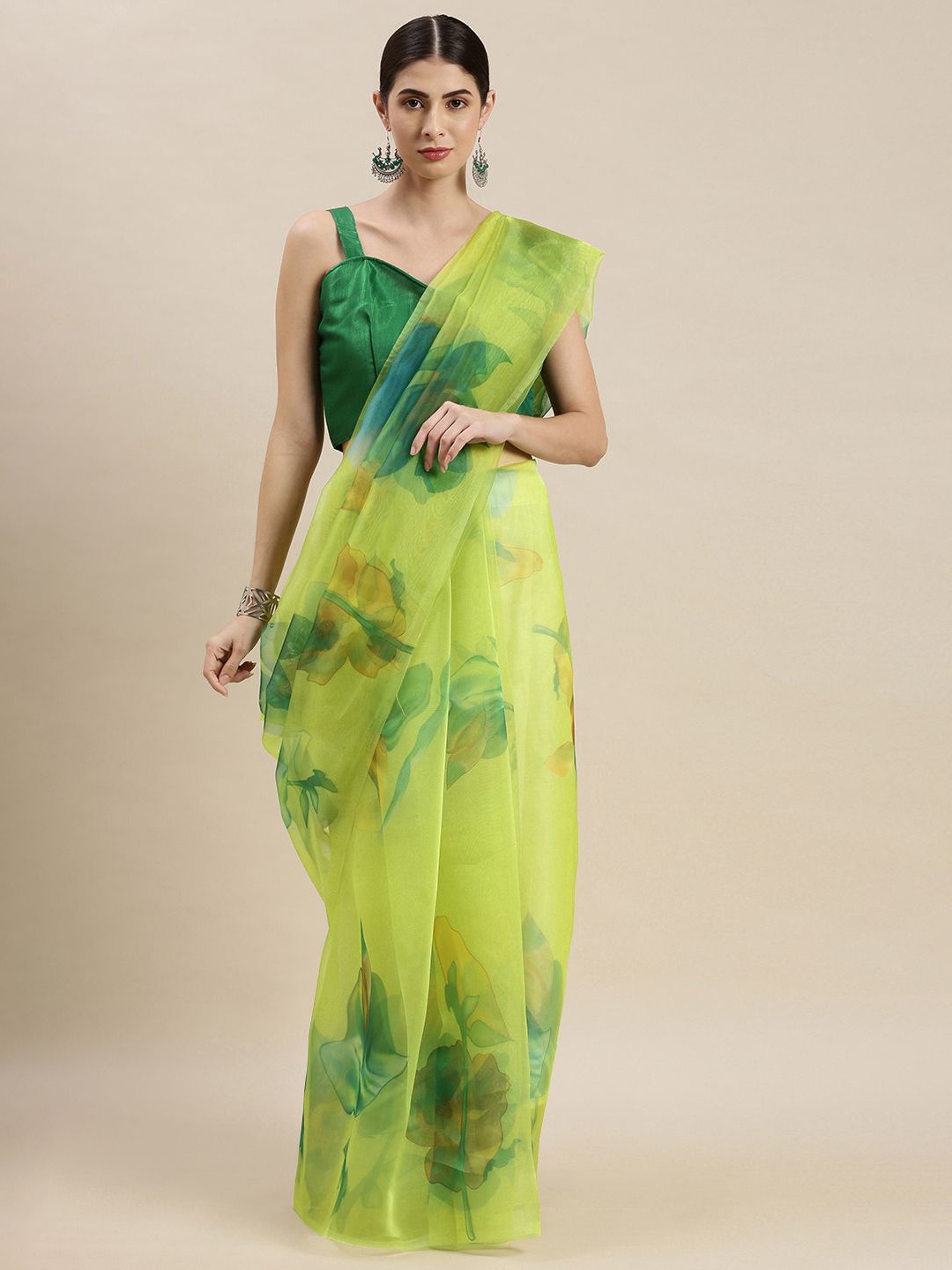 

KIMISHA Floral Printed Organza Saree, Lime green