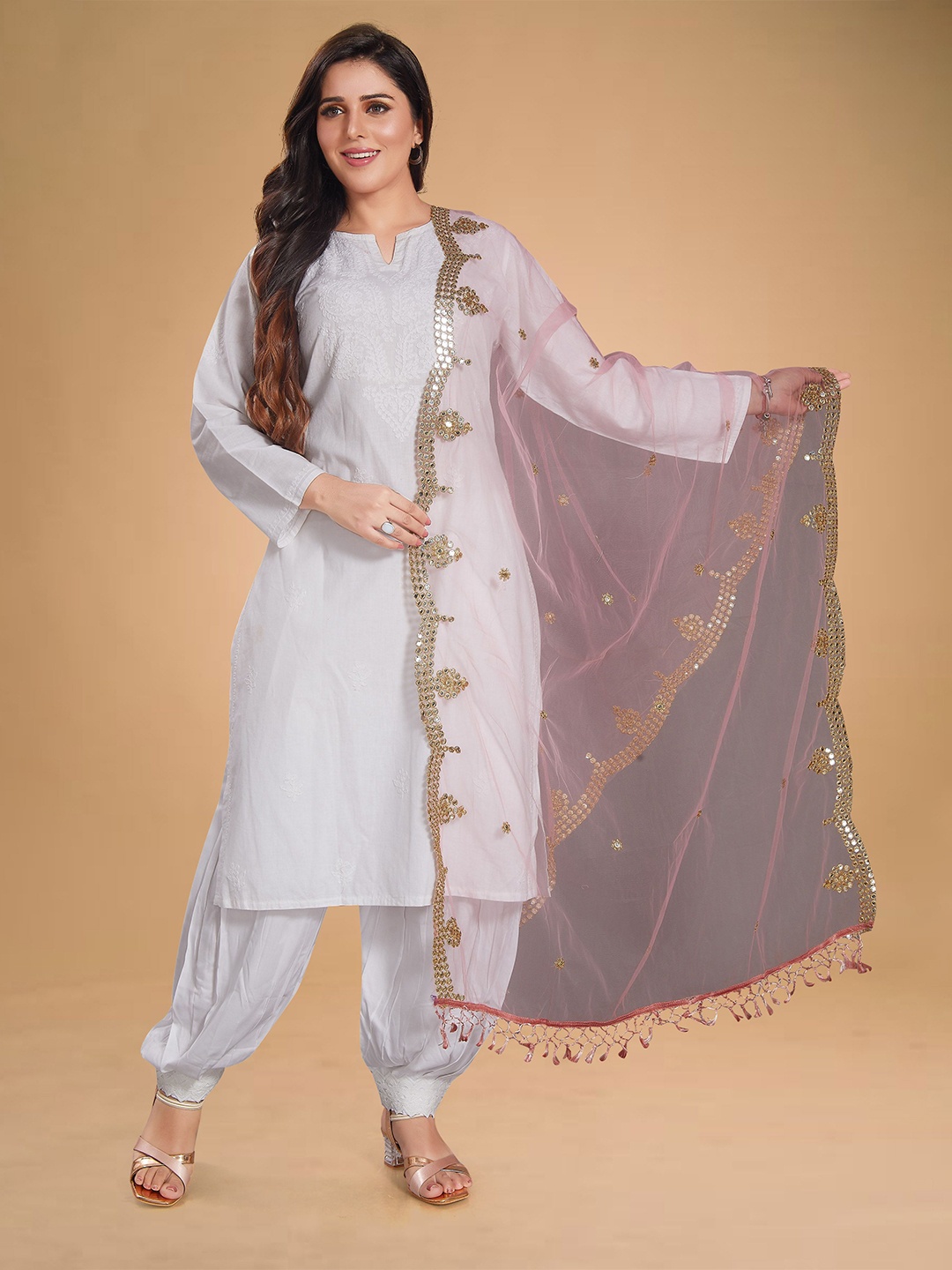 

Rani Saahiba Floral Embroidered Mirror Work Net Dupatta, Pink